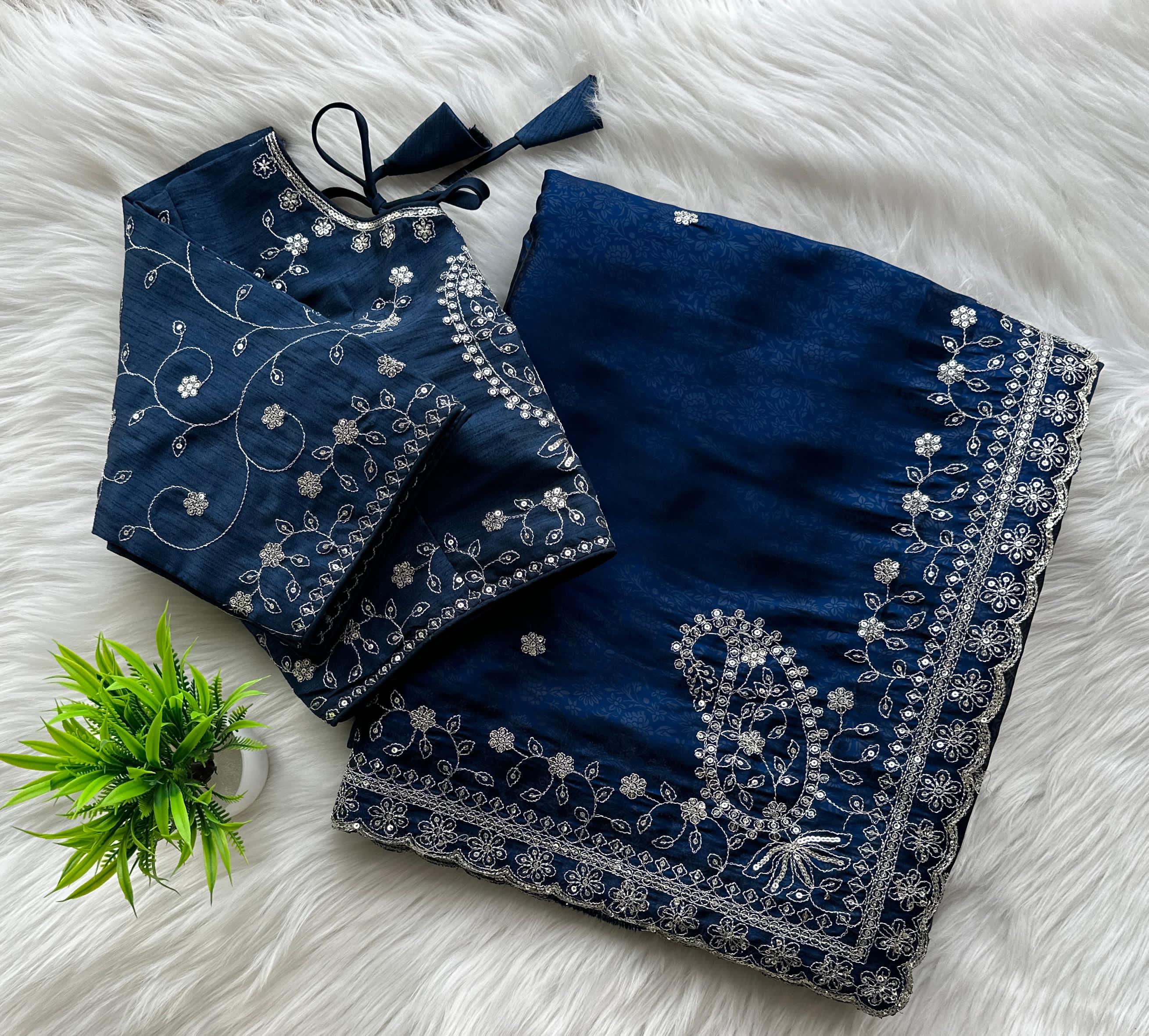 ClothsVilla Navy Blue Soft Silk Saree with Elegant Rubber Weaving & Heavy Embroidery Work