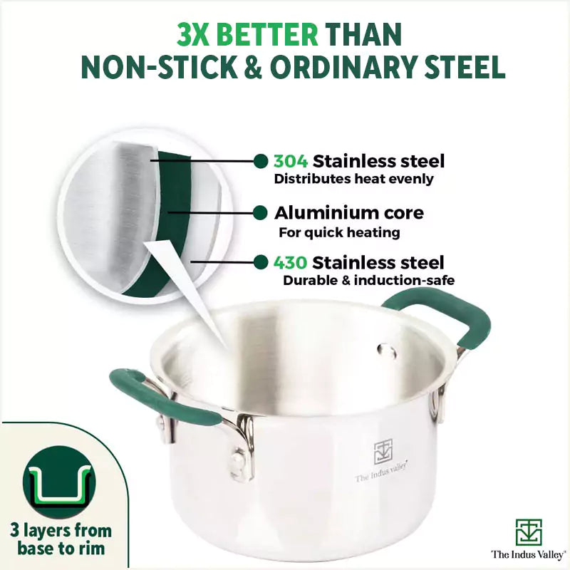 The Indus Valley TurboCuk Tri-ply Stainless Steel Biryani Cooking Pot/Casserole, Premium Quality, 3 Layer Thick Body, Cool Silicone Handles, 100% Toxi - view 3