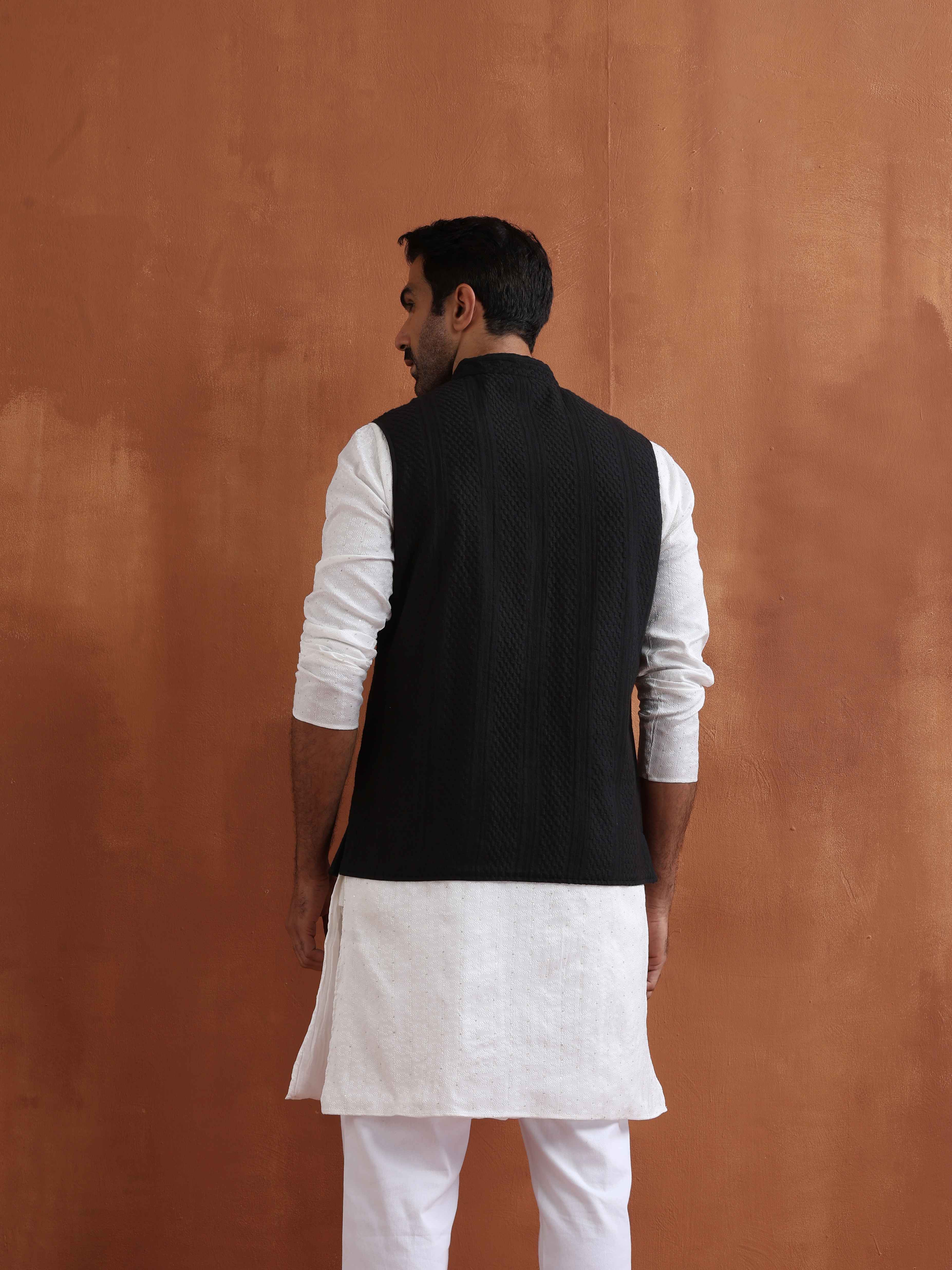 trueBrowns Men's Black Textured Cotton Dobby Nehru Jacket - view 5