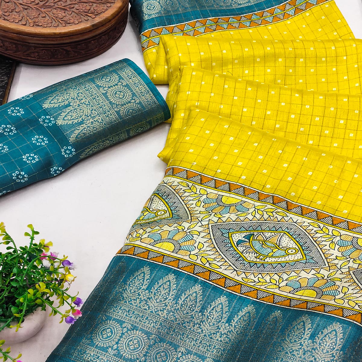 Peachmode Lemon Yellow Madhubani Work Woven Dola Silk Saree - view 2