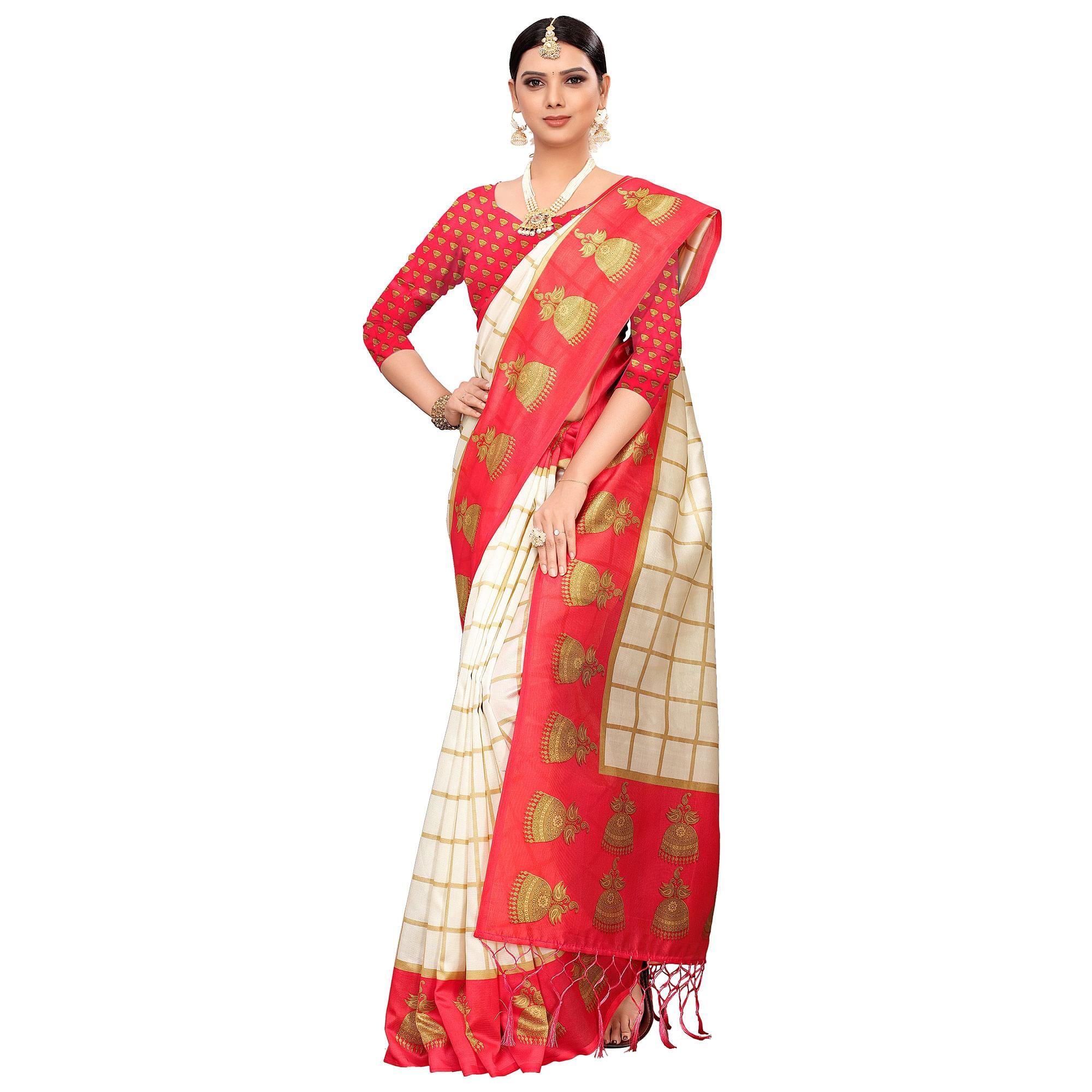 Peachmode Charming Off White-Red Colored Festive Wear Printed Mysore Silk Saree - view 2