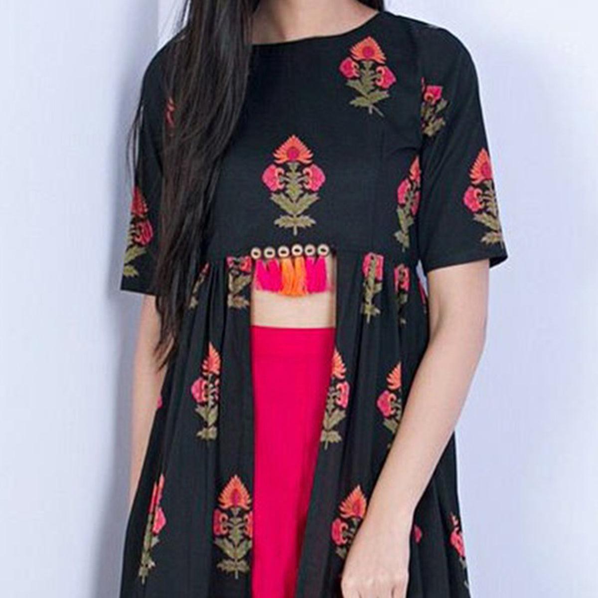 Peachmode Hypnotic Black Colored Partywear Embroidered Linen Long Top-Palazzo Set - view 2