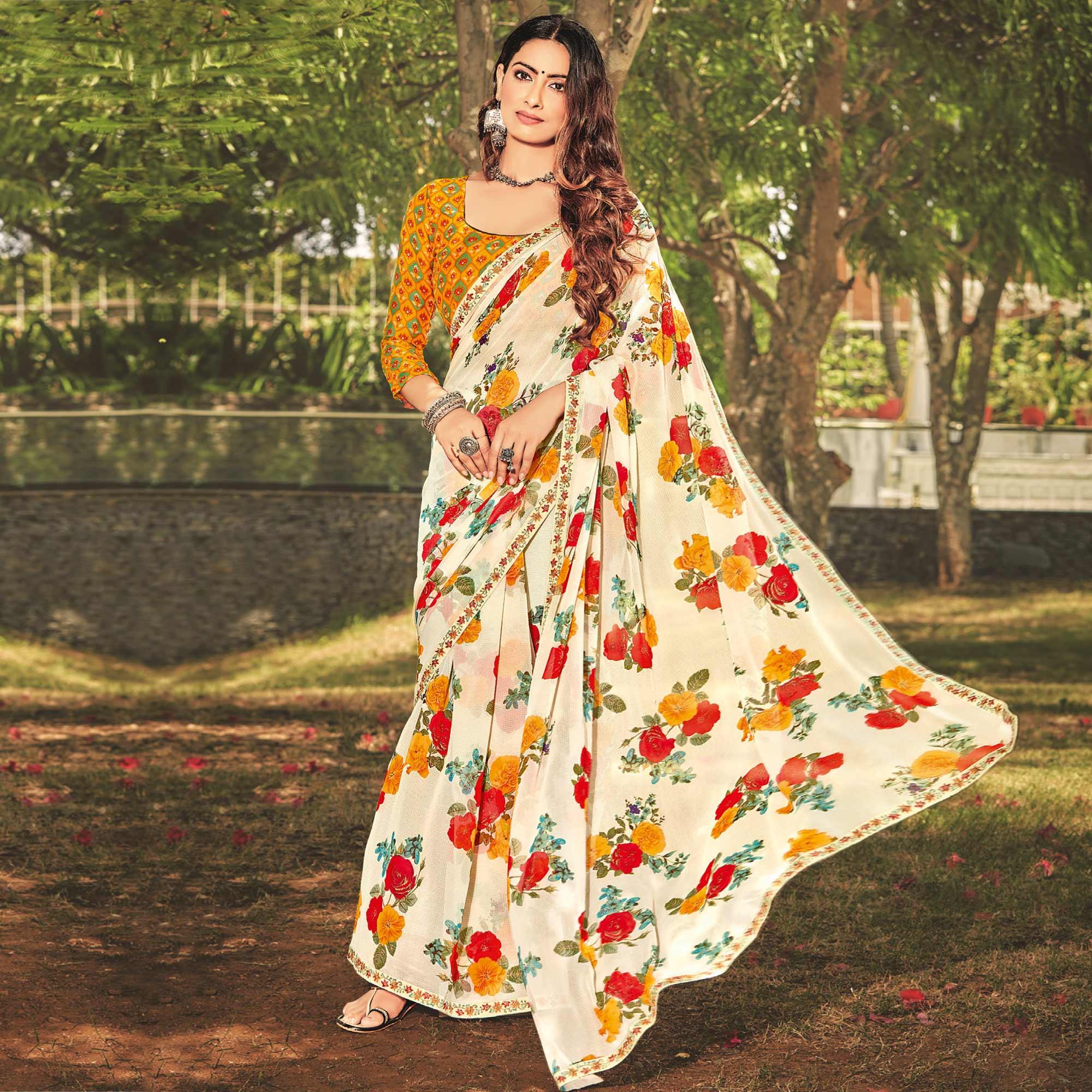Peachmode Cream Casual Wear Floral Printed Georgette Saree