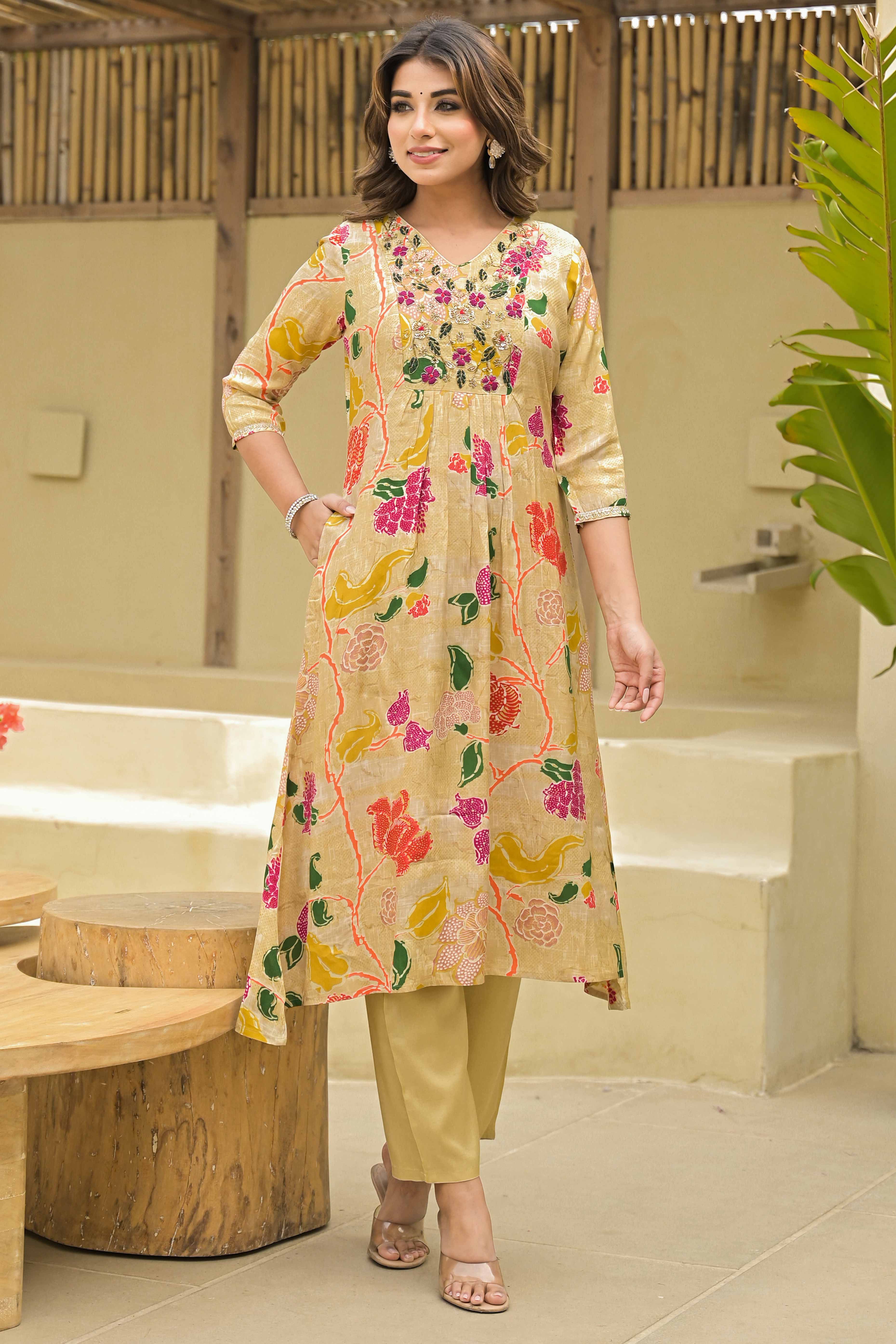 Peachmode Chikoo Floral Printed Muslin Anarkali Style Salwar Suit With Hand Work - view 7