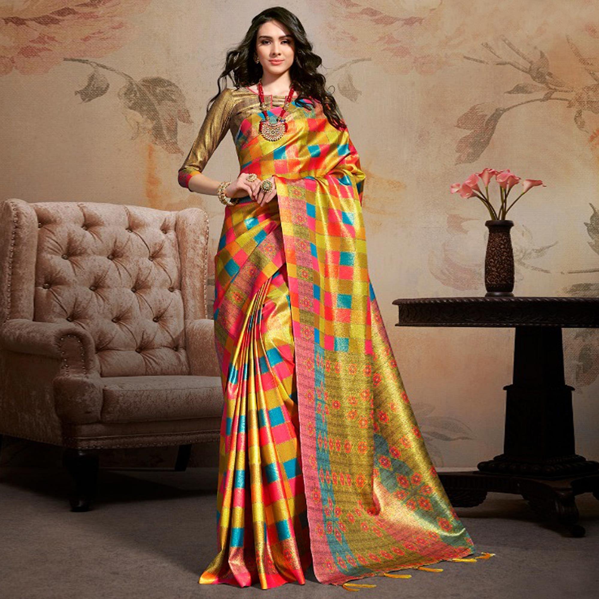 Peachmode Exotic Multi Colored Festive Wear Printed Silk Blend Saree With Tassels
