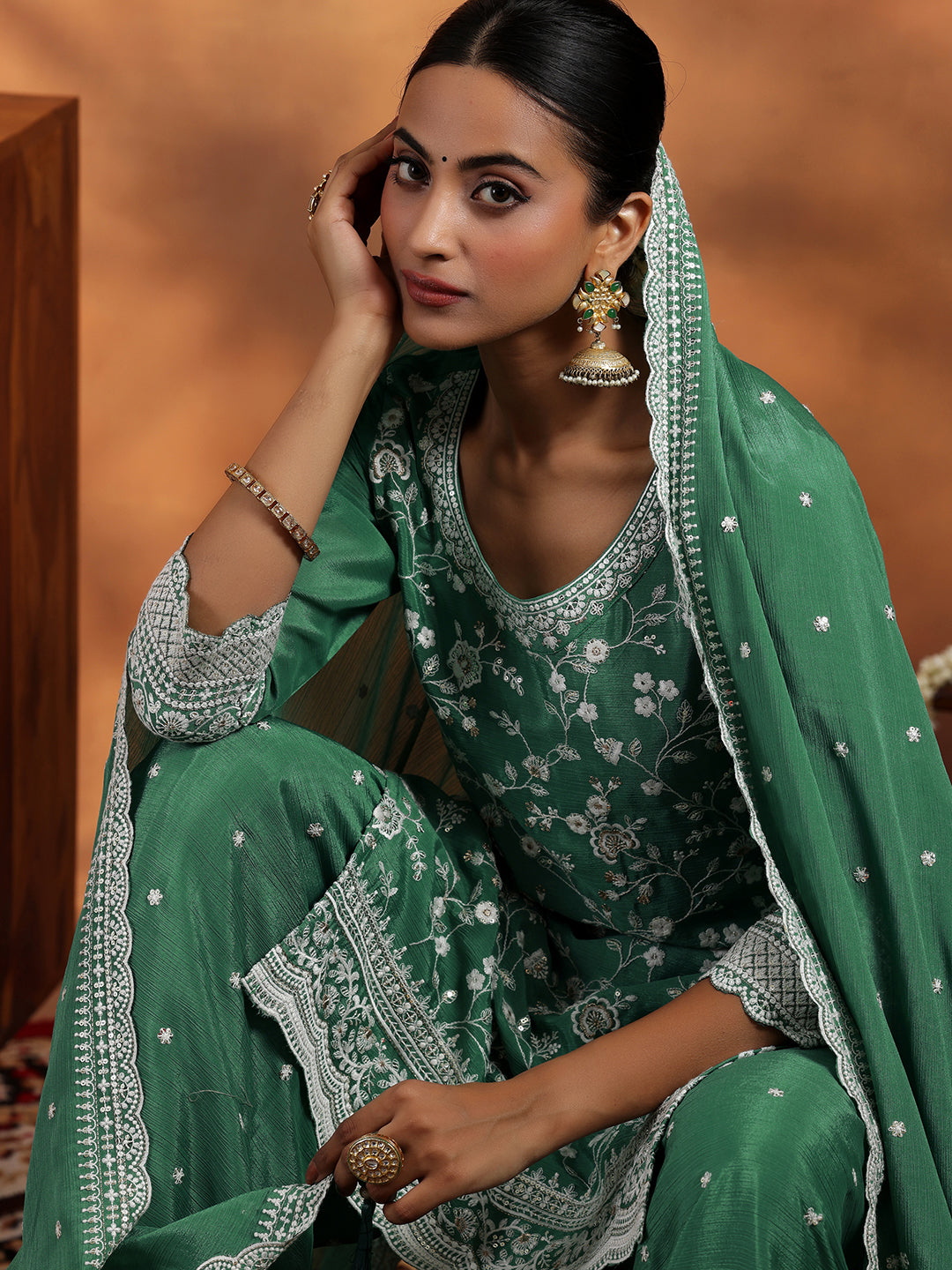 Libas Green Embroidered Silk Blend Straight Suit With Dupatta - view 6