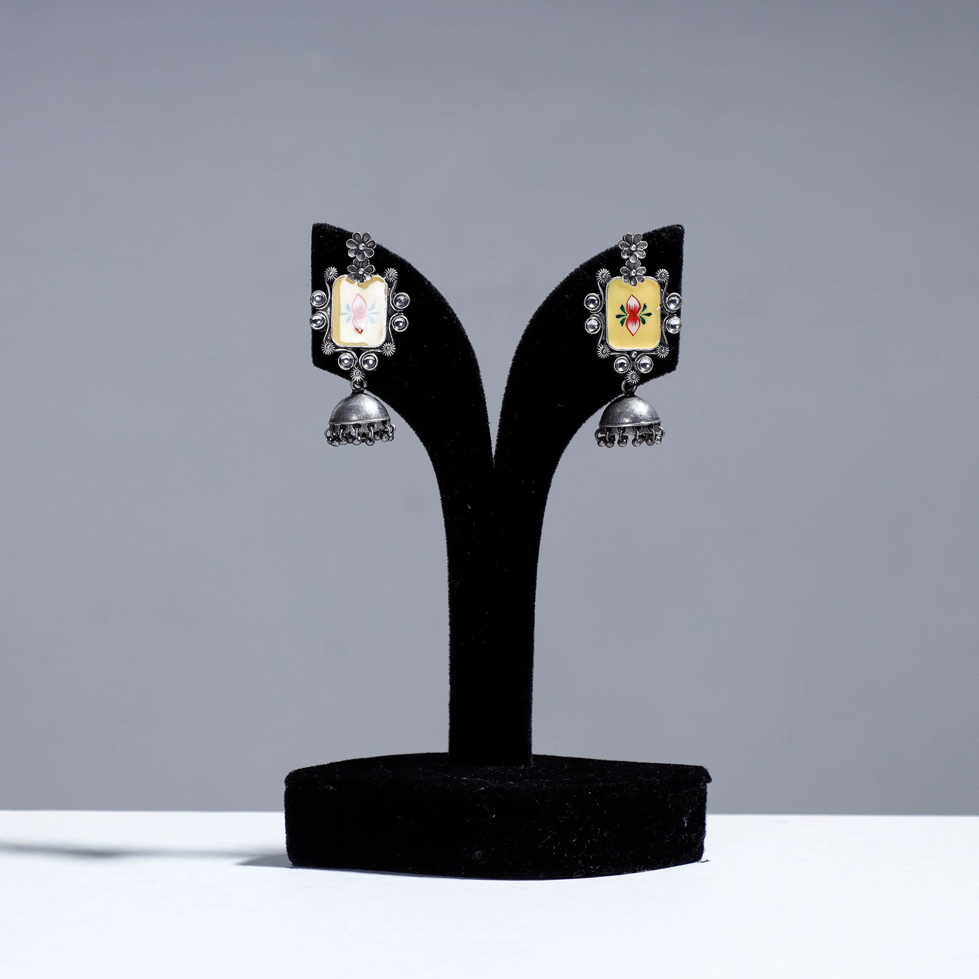 WHITE RIVER STORIES Antique Silver Finish Oxidised Brass Base Enamel Work Jhumki Earrings