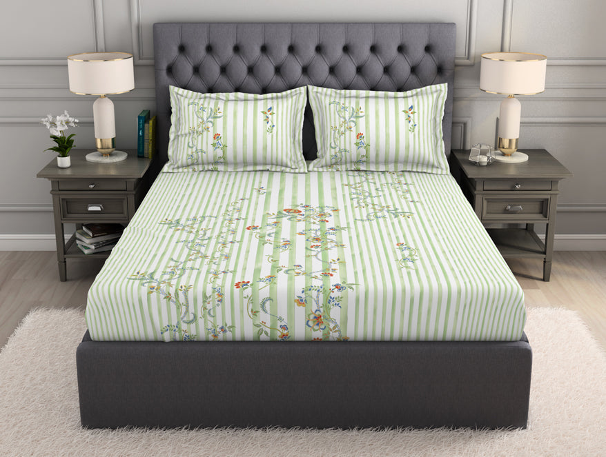 Spaces India Floral Light Green 100% Cotton King Size Bedsheet Organic Cotton - By Spaces