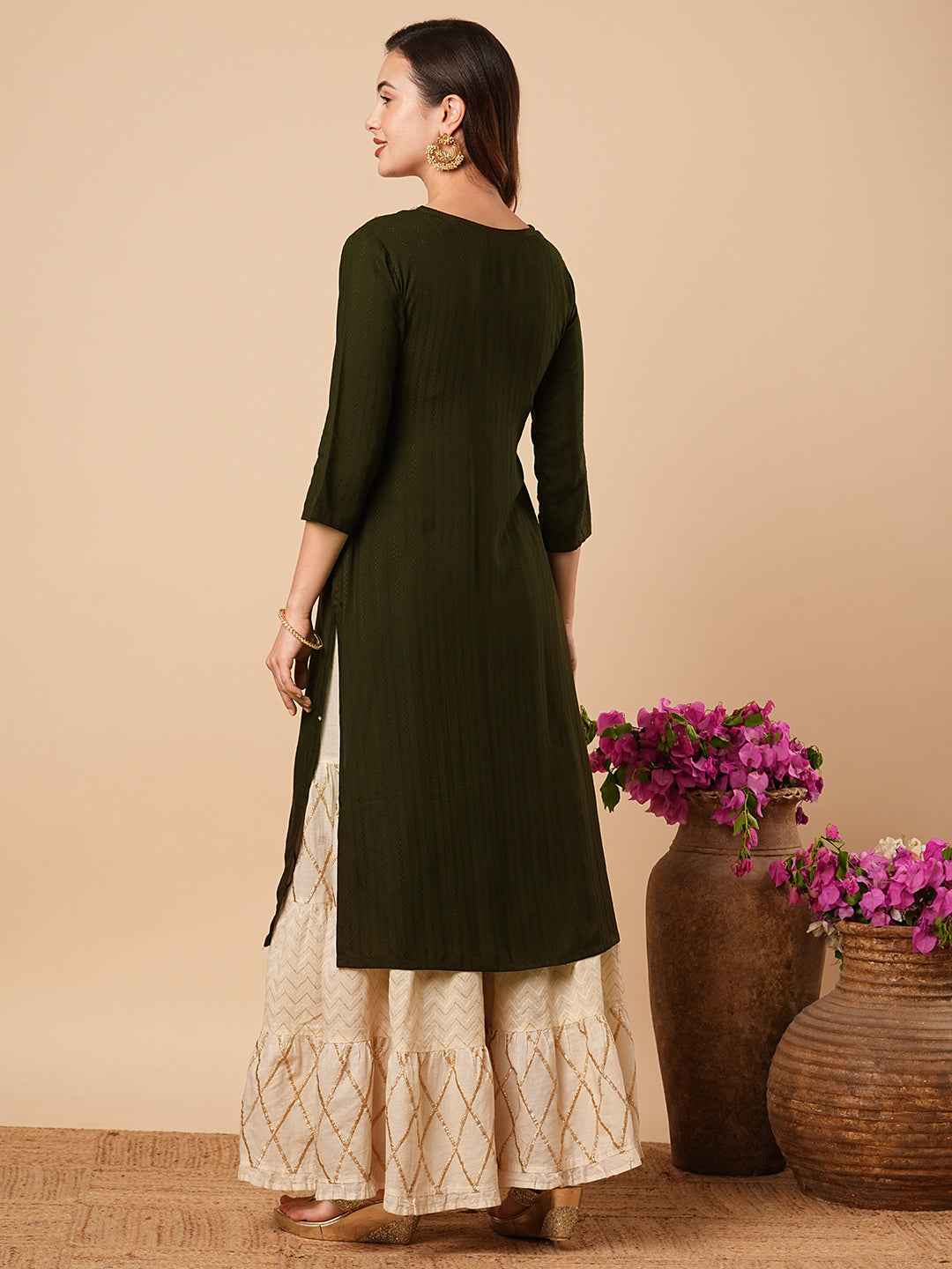 Fashor Ethnic Stripes Woven & Hand Embroidered Straight Fit Kurta - Olive Green - view 6