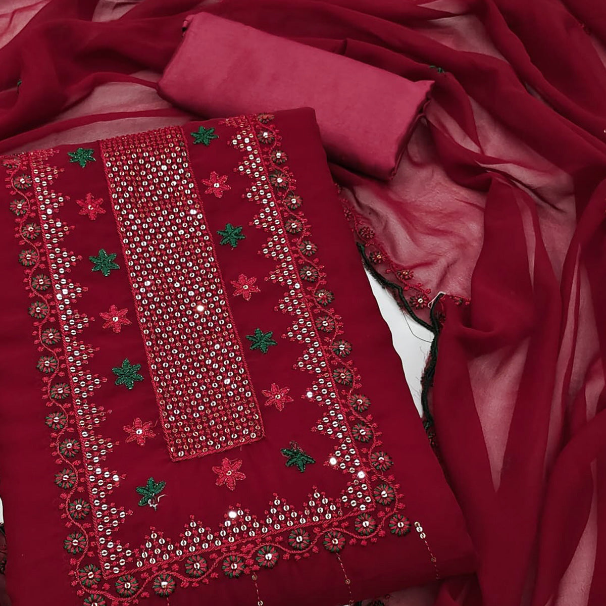 Peachmode Maroon Sequins Embroidered Georgette Dress Material - view 2