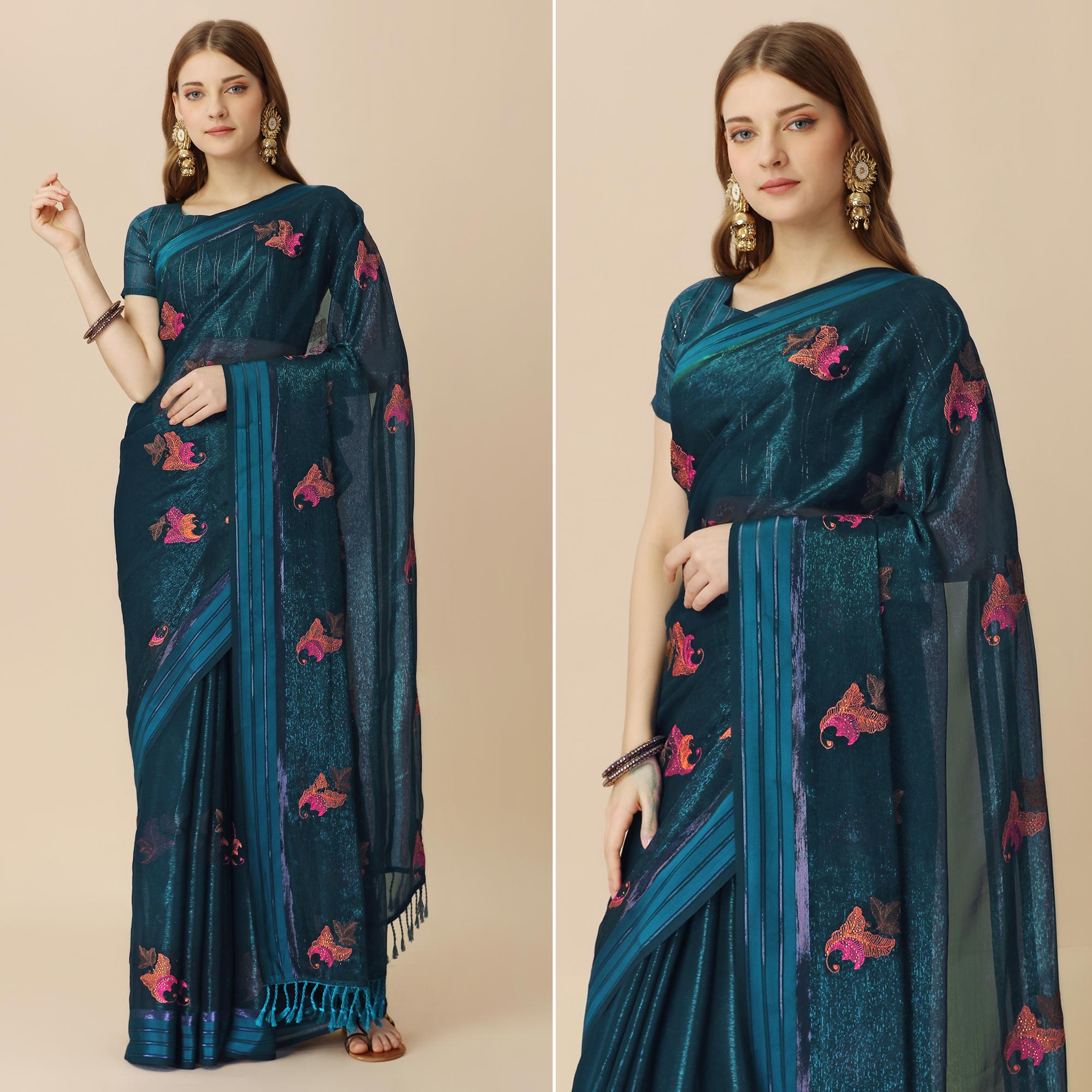 Peachmode Dark Blue Floral Embroidered Chiffon Saree With With Tassels
