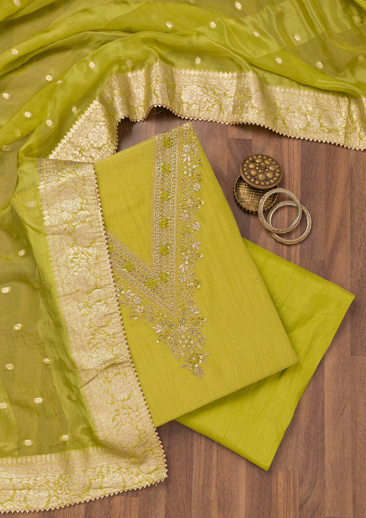 Koskii Parrot Green Zariwork Raw Silk Unstitched Salwar Suit