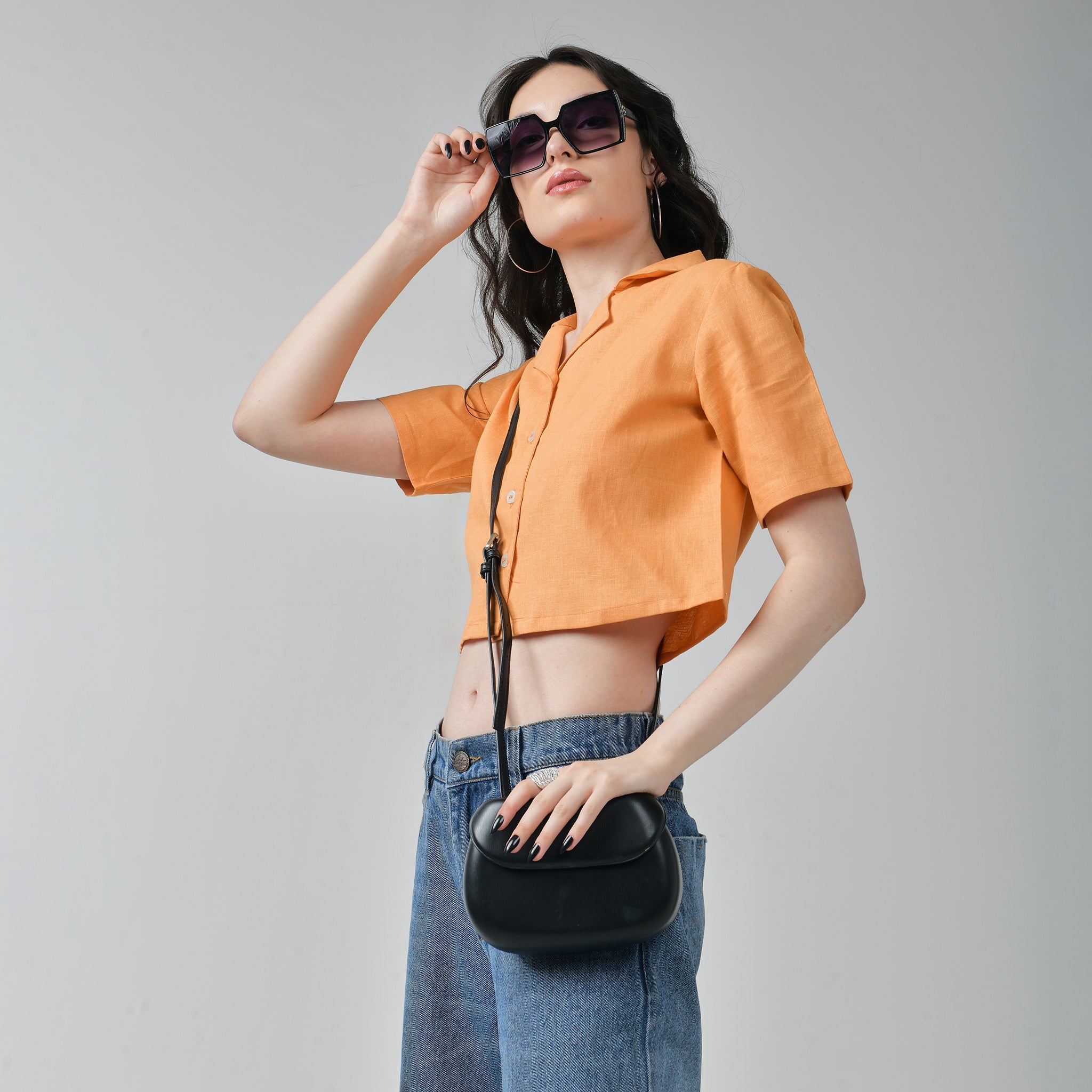 I Z F Baggy Jeans & Orange Crop Linen Shirt Set for Women - view 5