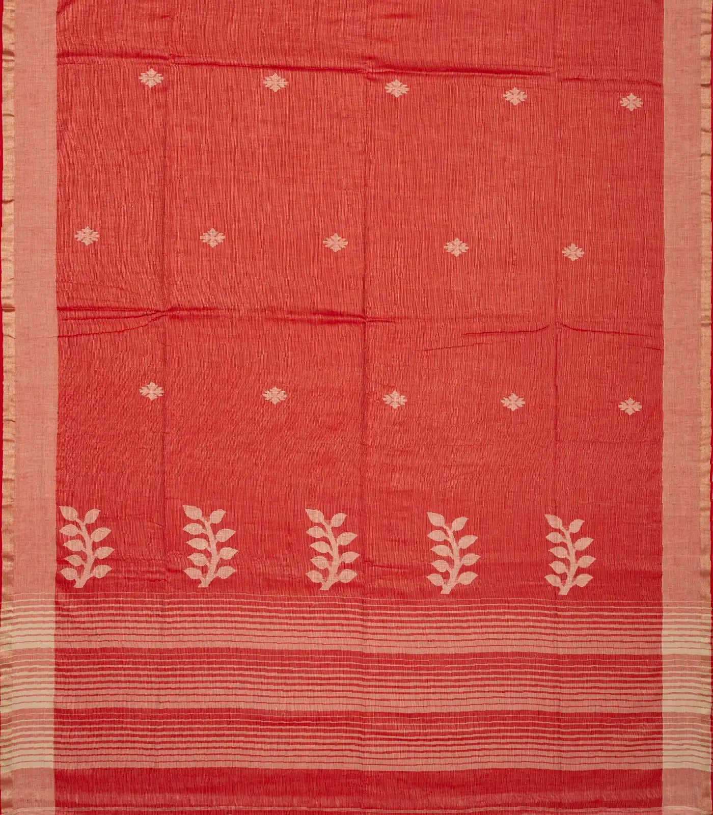 RmKV Red Handloom Bengal Cotton Saree With Stripes & Buttas - view 2