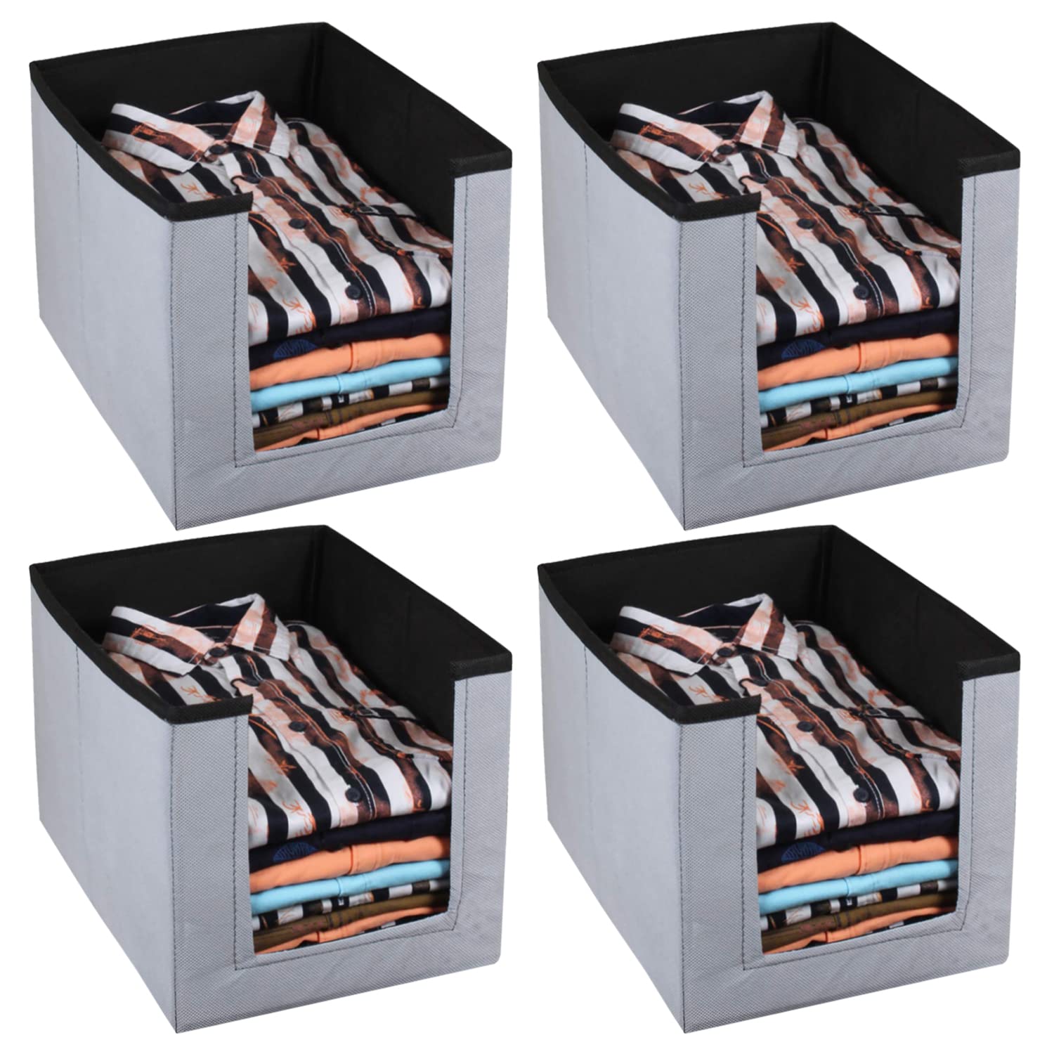 Kuber Industries Non-Woven Foldable Shirt Stacker Closet Organizer With Handles- Pack of 4 (Black & Grey)-HS43KUBMART26542