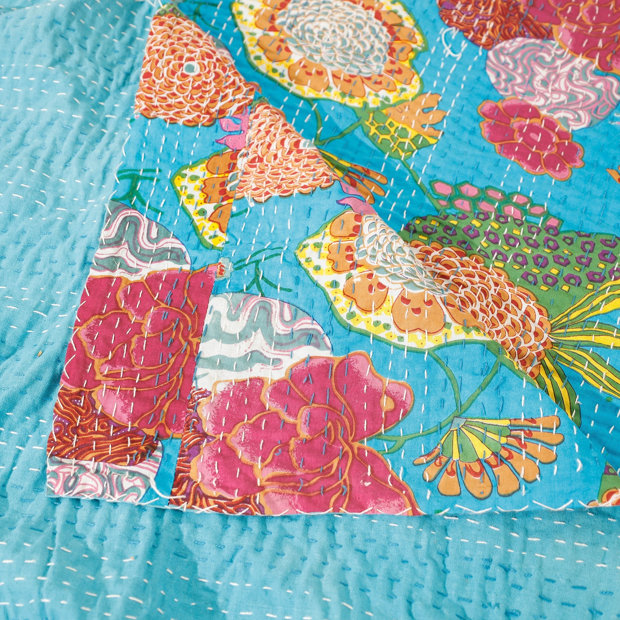SHADES OF MARUDHARA Blue - Block Print Kantha Work Cotton Double Sanganeri Bed Sheet - view 4