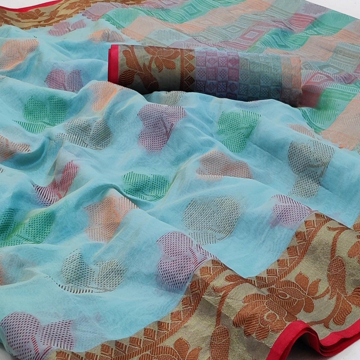 Peachmode Firozi Festive Wear Woven Rich Pallu Organza Saree - view 2