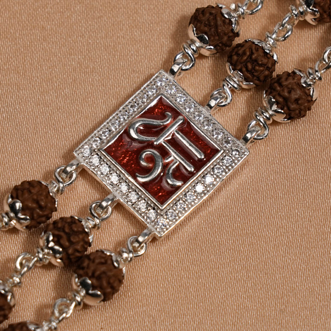 Prinjal Jewellers Rudraksha Silver Shree in Red Triple Line Bracelet