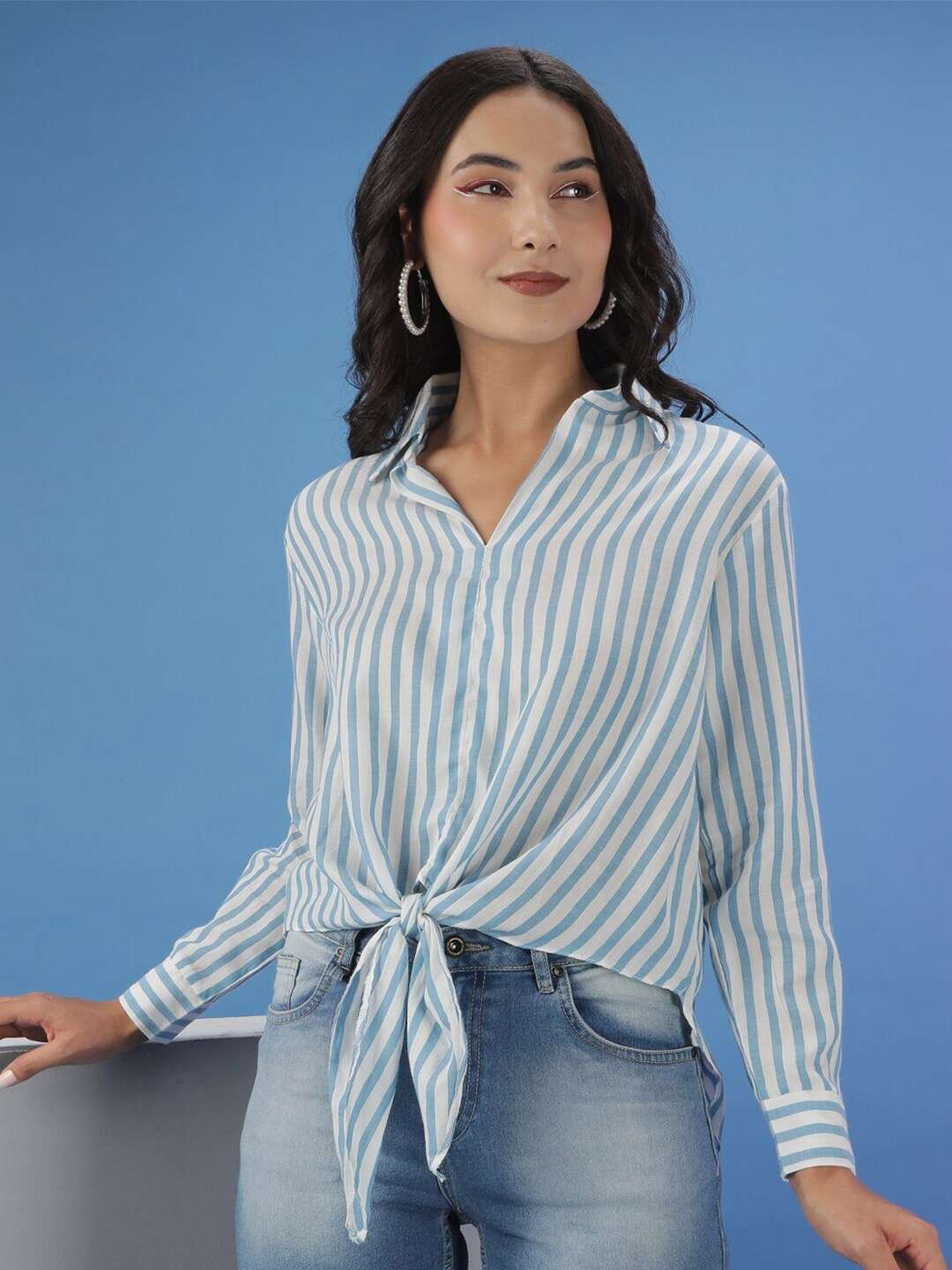 Freehand By The Indian Garage Co Women Striped Shirt With Front Tie Up