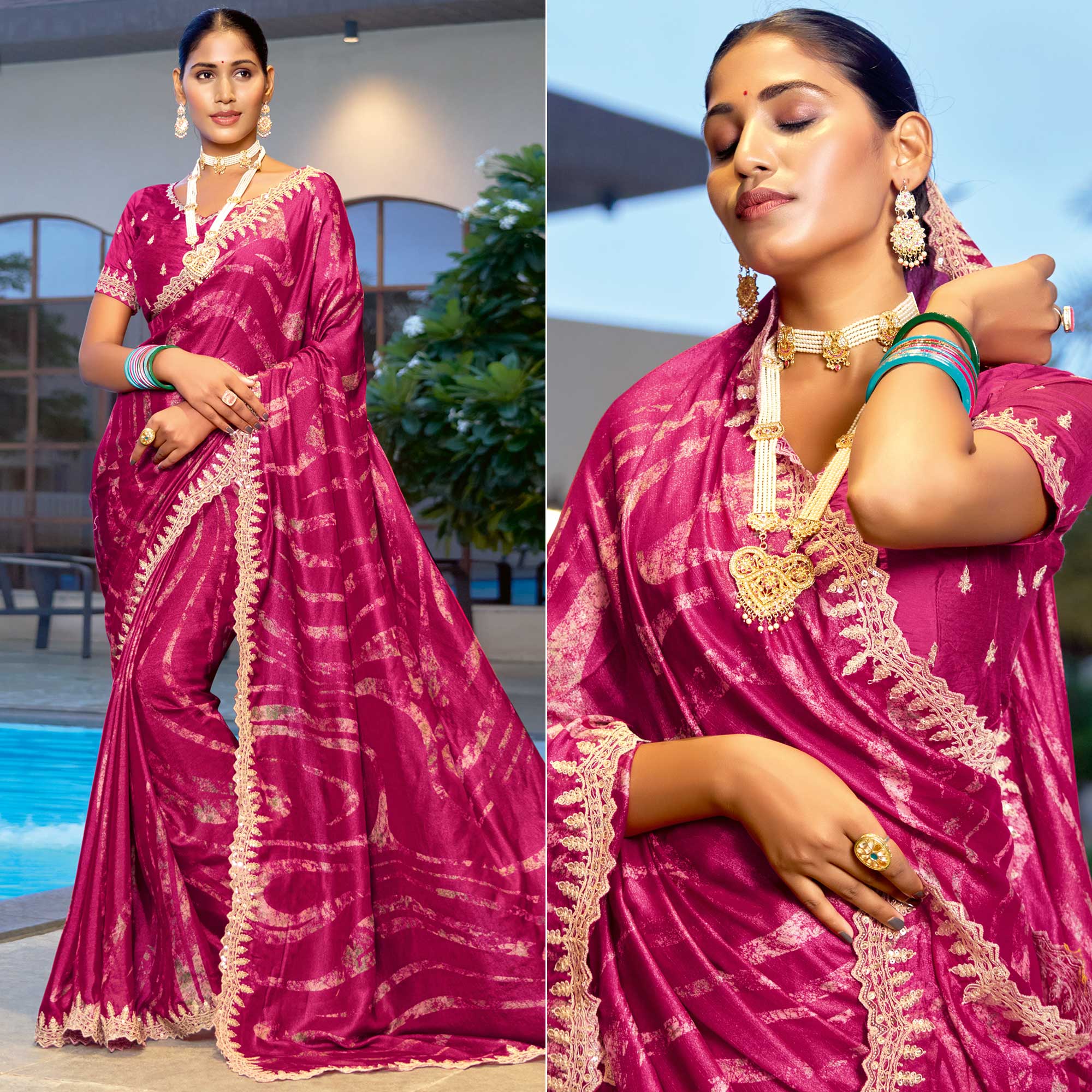 Peachmode Magenta Printed Chiffon Saree With Sequins Border