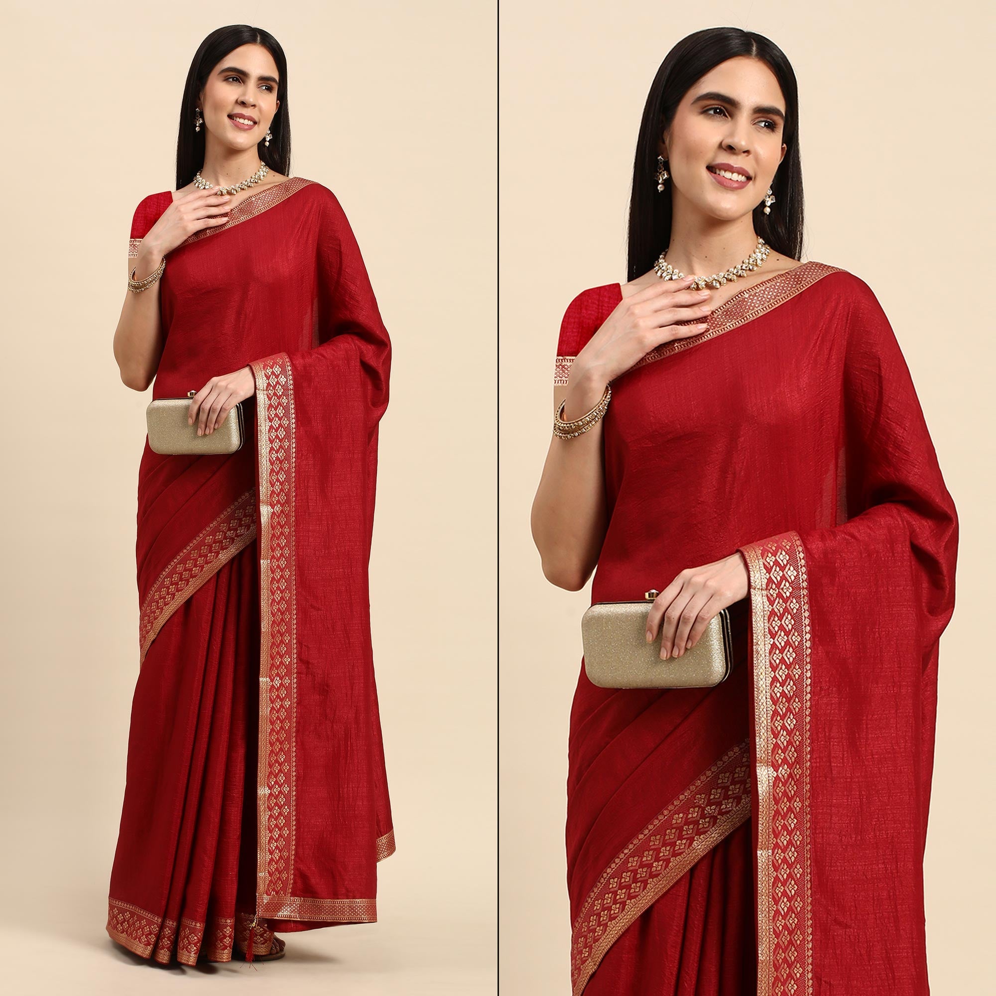 Peachmode Maroon Solid Vichitra Silk Saree With Zari Border