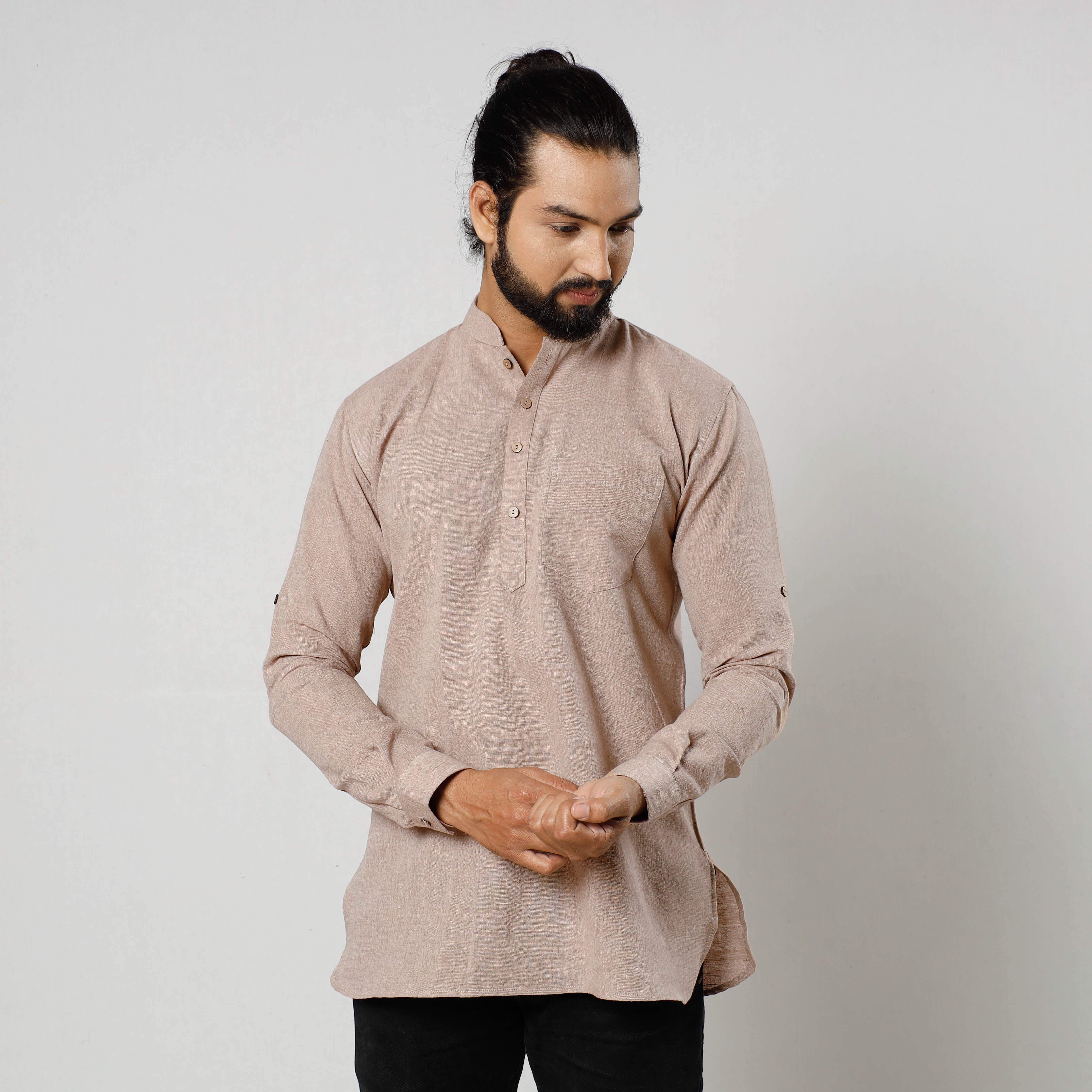 ITOKRI CASUALS Beige Textured Fine Cotton Handloom Men Short Kurta