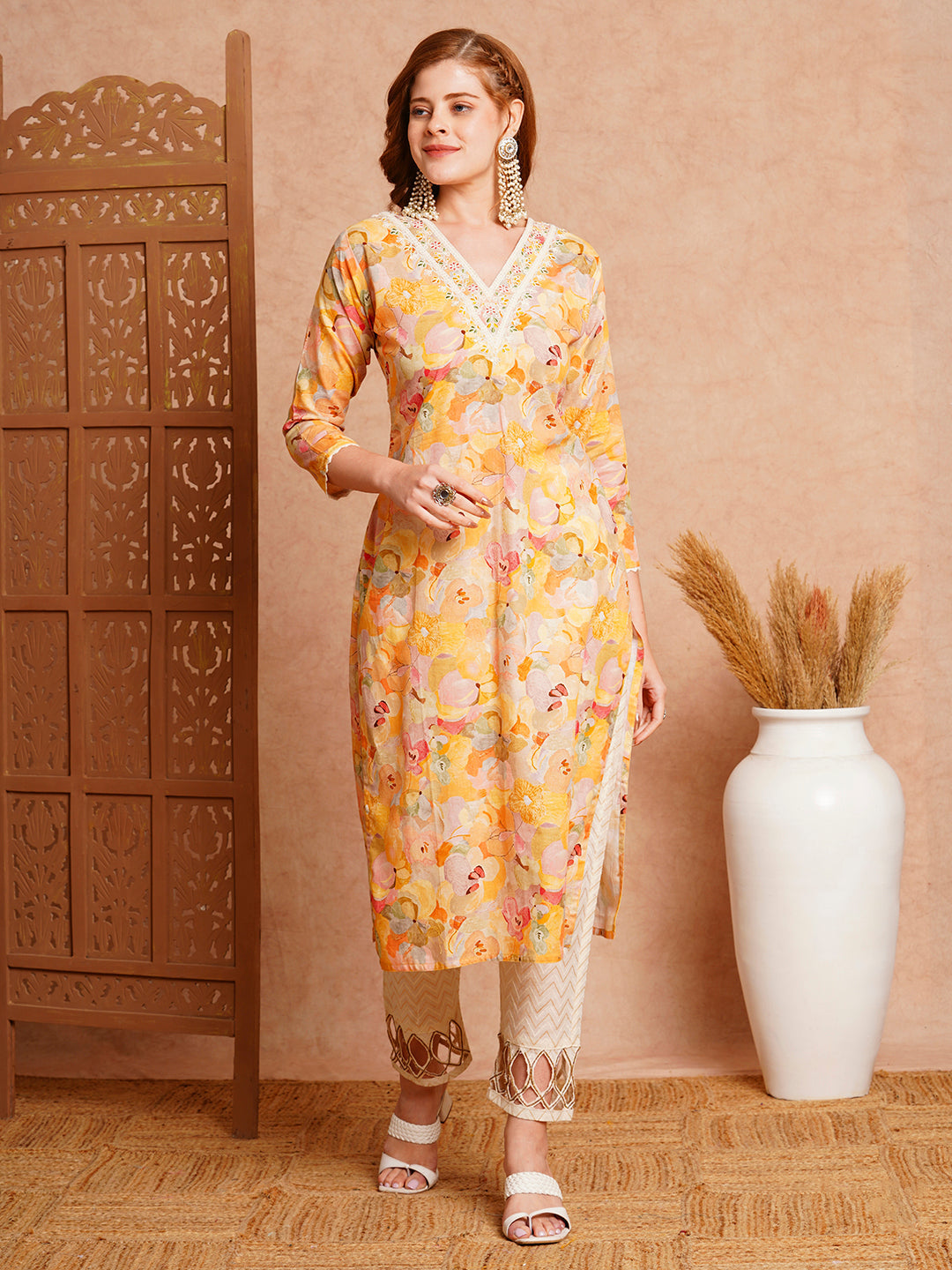 FASHOR Abstract Floral Printed & Embroidered Straight Fit Kurta - Yellow