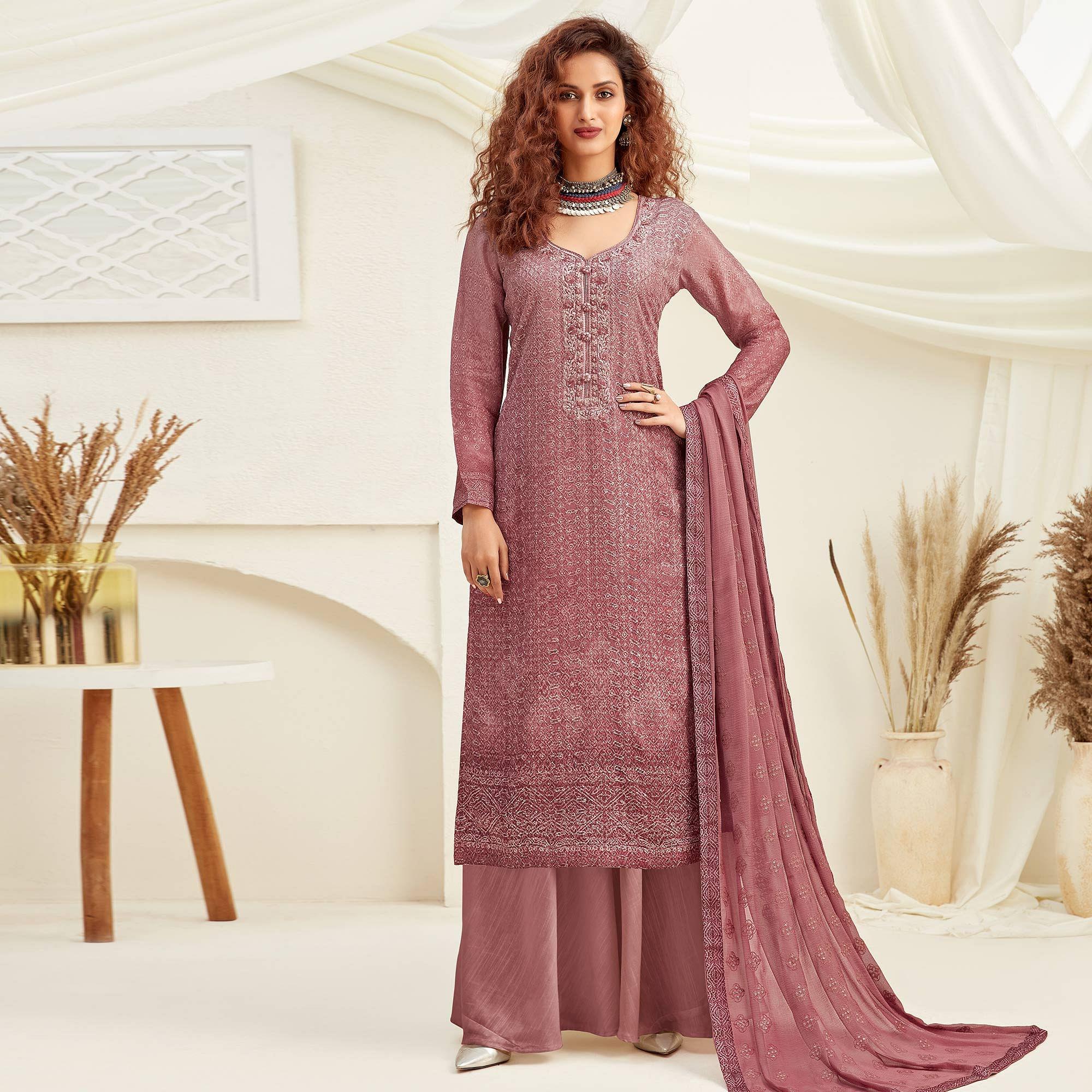 Peachmode Exotic Mauve Colored Embroidered With Digital Printed Partywear Pure Viscose Chinnon Chiffon Palazzo Suit