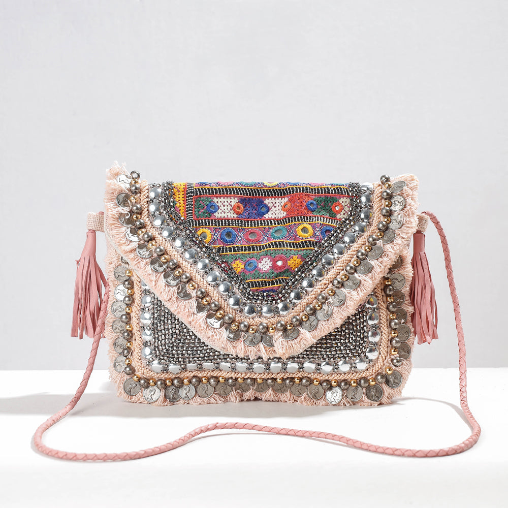 KACHCHH JI CHHAAP Beige - Banjara Vintage Embroidery Mirror, Bead & Coin Work Sling Bag - view 2