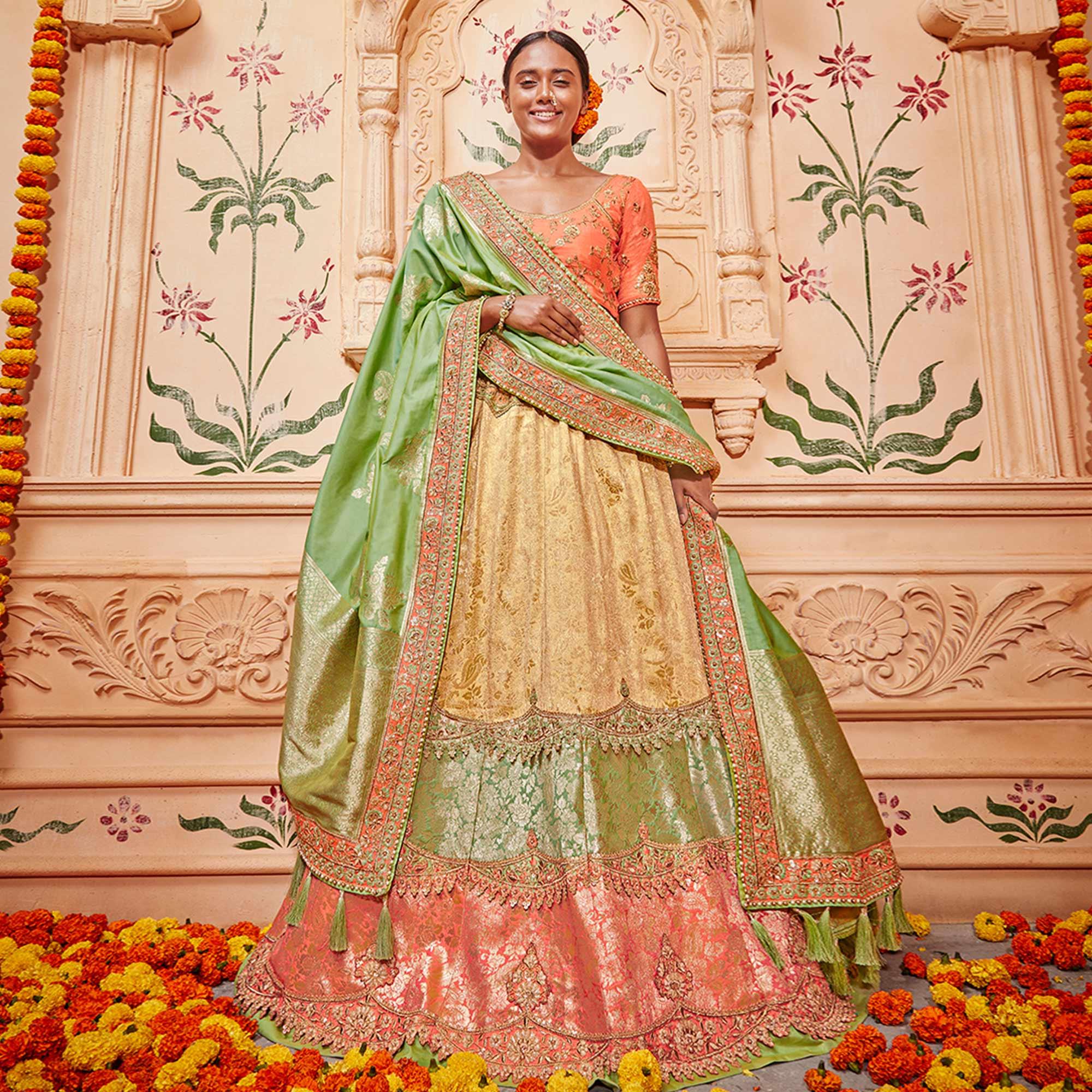 Peachmode Exotic Multicolored Wedding Wear Pure Silk-Jacquard Lehenga Choli