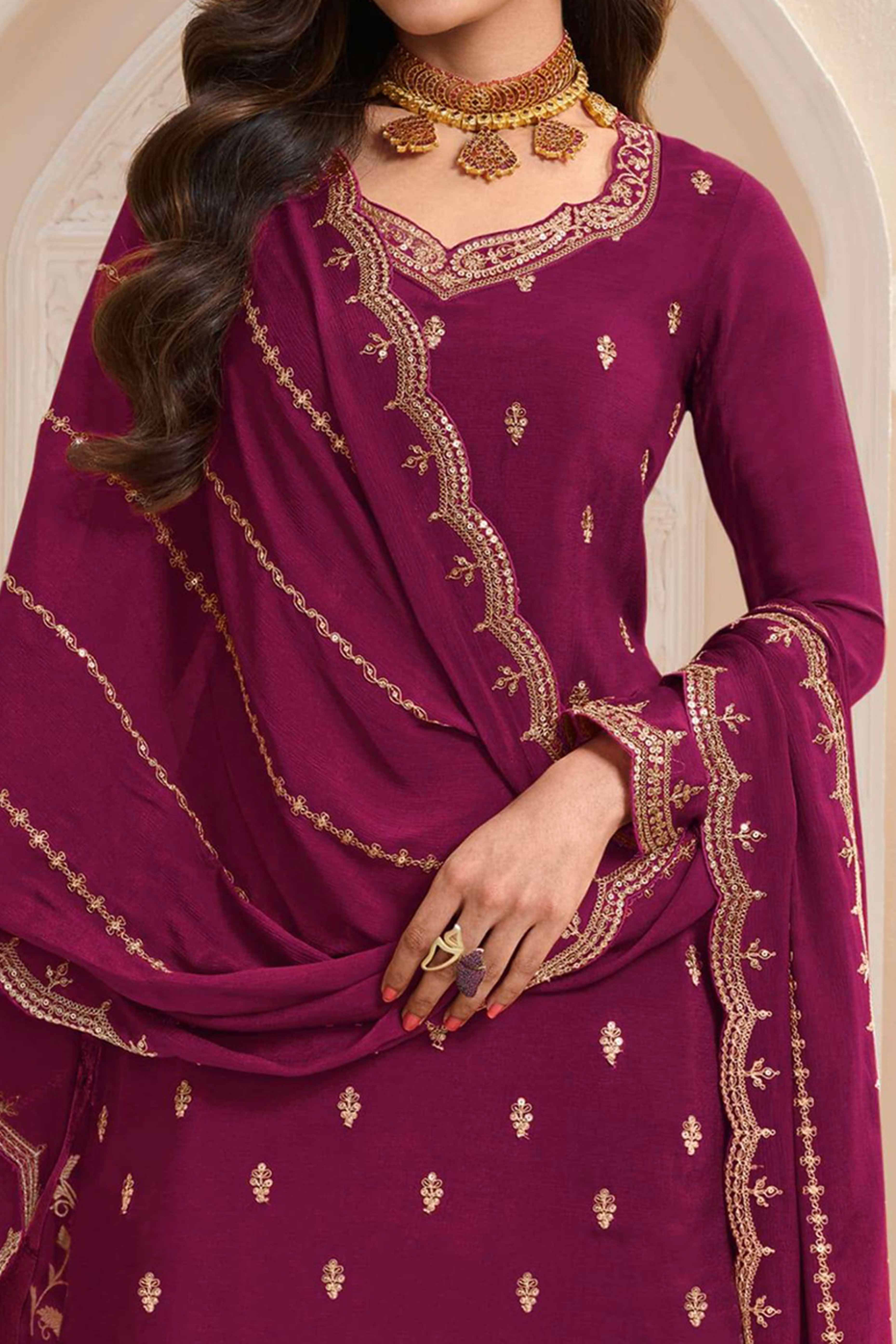 Peachmode Seller Dark Magenta Floral Sequins Embroidered Chinon Palazzo Suit - view 2