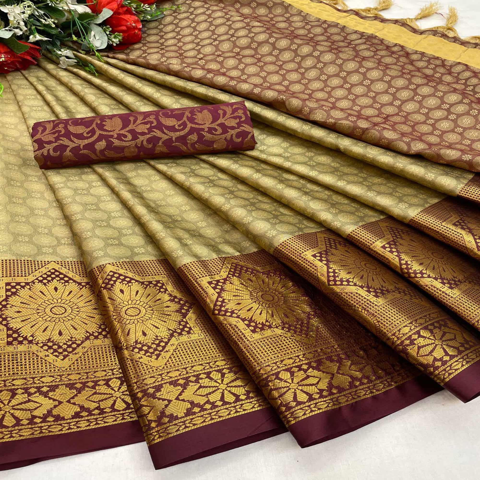 Peachmode Chikoo Festive Wear Woven Cotton Silk Saree