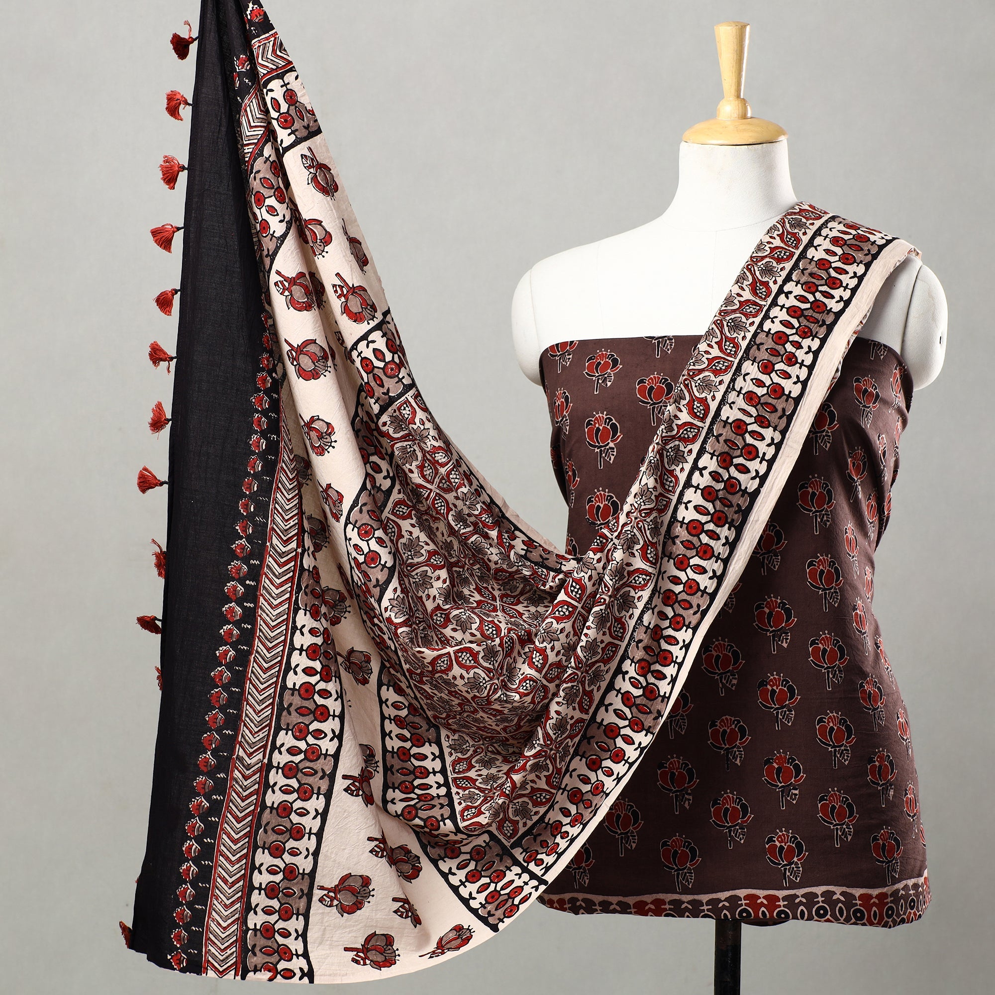 AJRAKH BY JABBAR KHATRI Brown - 3pc Ajrakh Block Printed Natural Dyed Cotton Suit Material Set 21