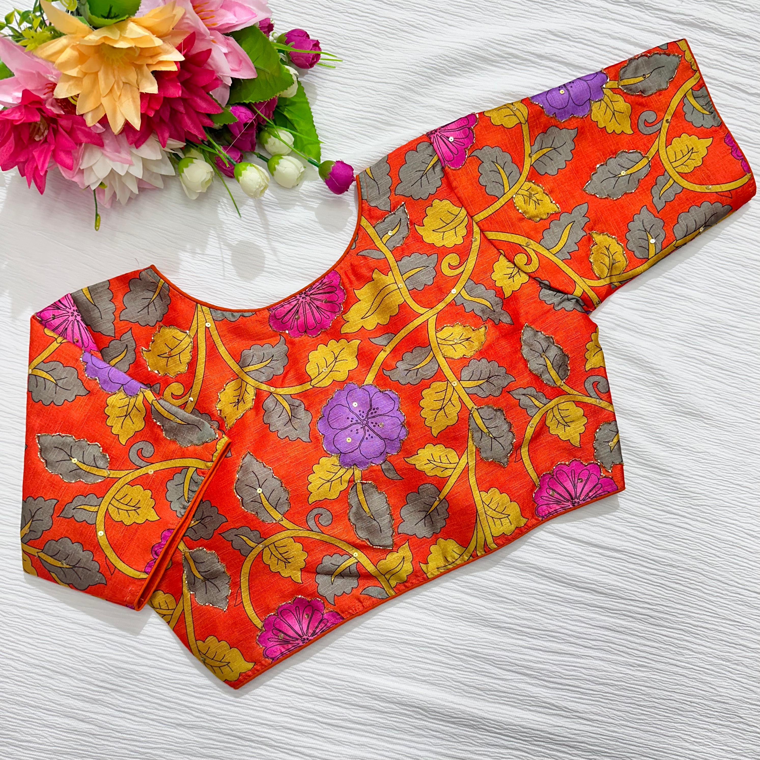 ClothsVilla Orange Pure Silk Blouse with Antique Handcrafted Detailing - view 2