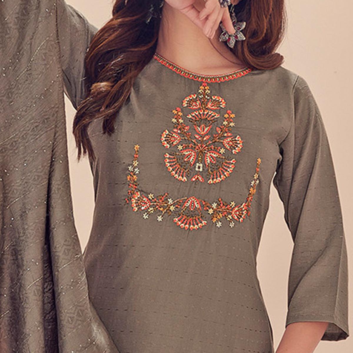 Peachmode Seller Coffee Embroidered With Embellished Chiffon Kurti Pant Set With Dupatta - view 2