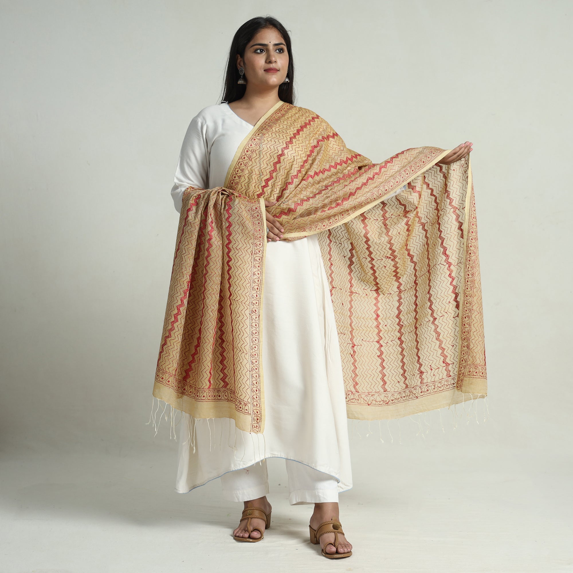 KHUSHBASH - HAPPY LOOM OF EAST Beige - Bengal Kantha Embroidery Tussar Silk Cotton Handloom Dupatta with Tassels 23 - view 2