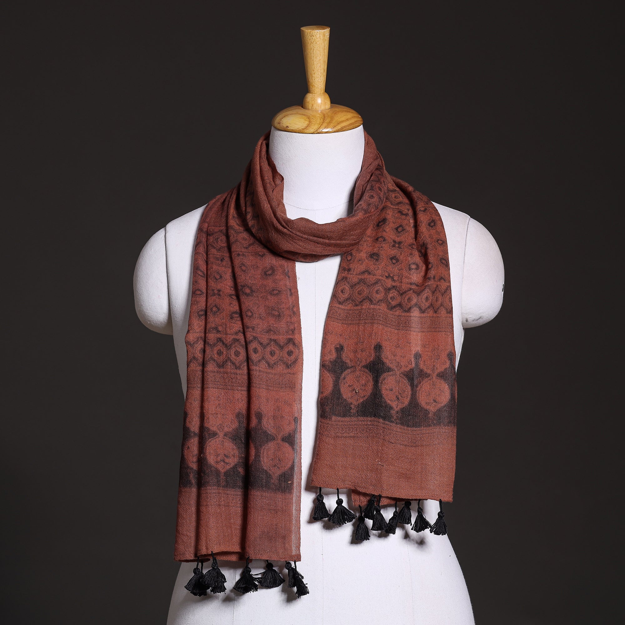 AJRAKH BY SUFIYAN ISMAIL KHATRI Brown - Ajrakh Hand Block Printed Pure Woolen Stole