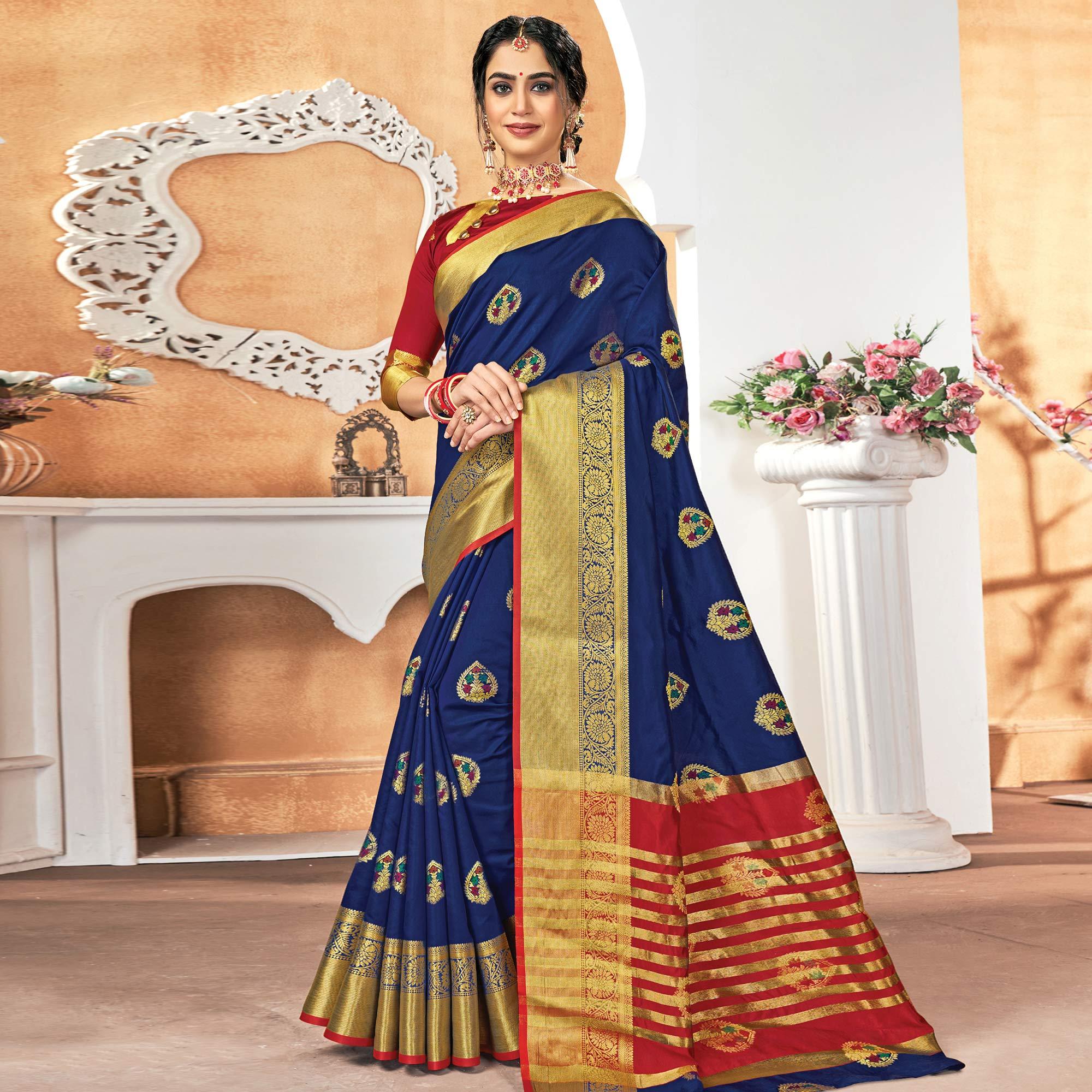 Peachmode Jazzy Navy Blue Colored Festive Wear Woven Silk Saree