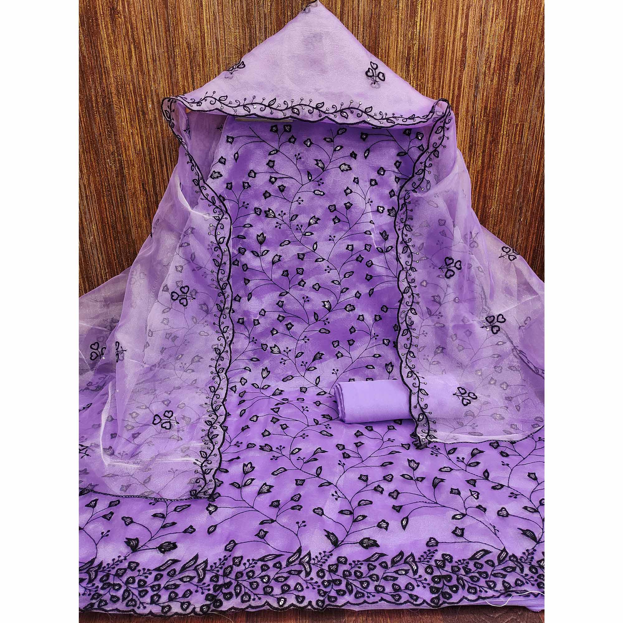 Peachmode Lavender Floral Sequins Embroidered Organza Dress Material - view 4