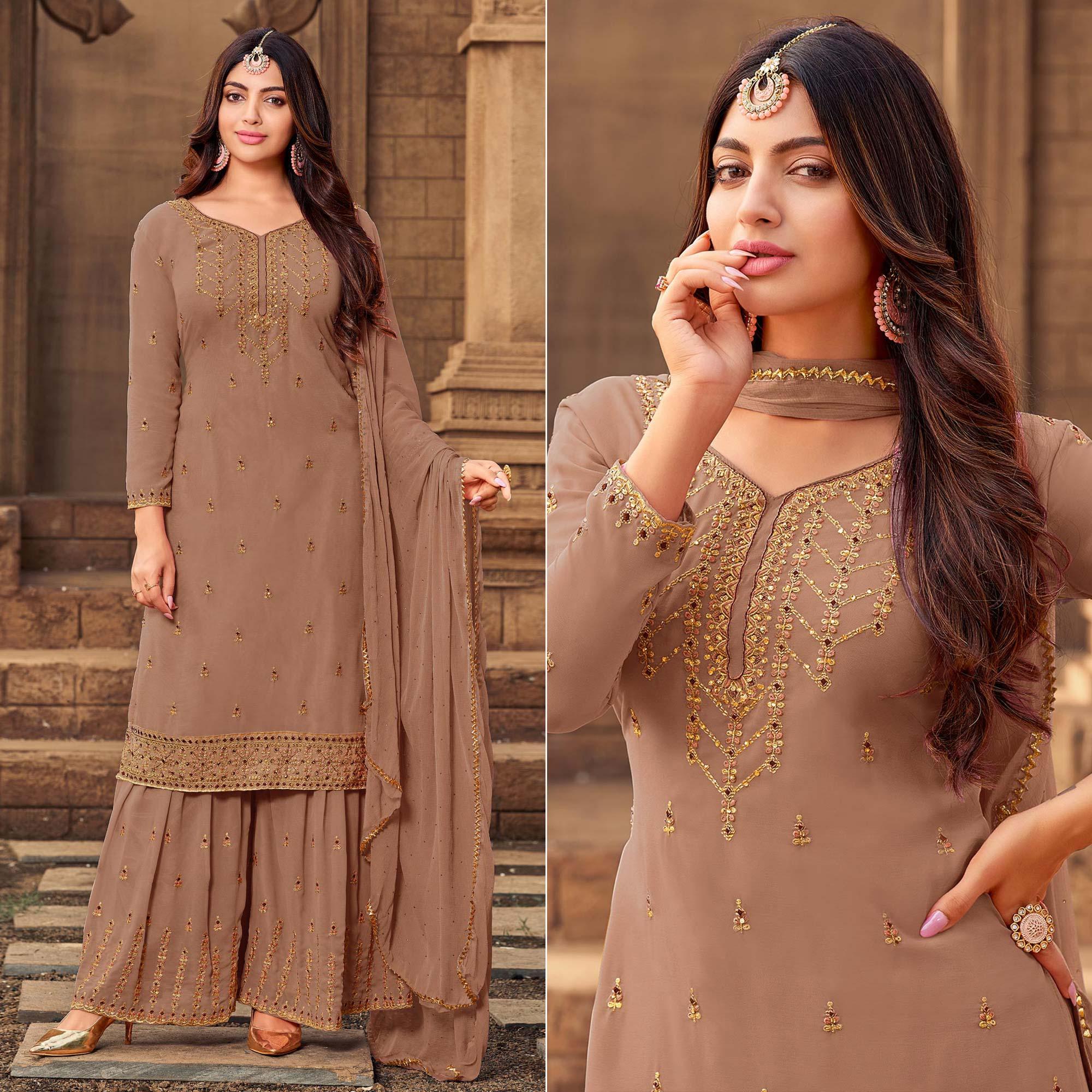Peachmode Brown Party Wear Embroidered & Embellished Georgette Palazzo Suit