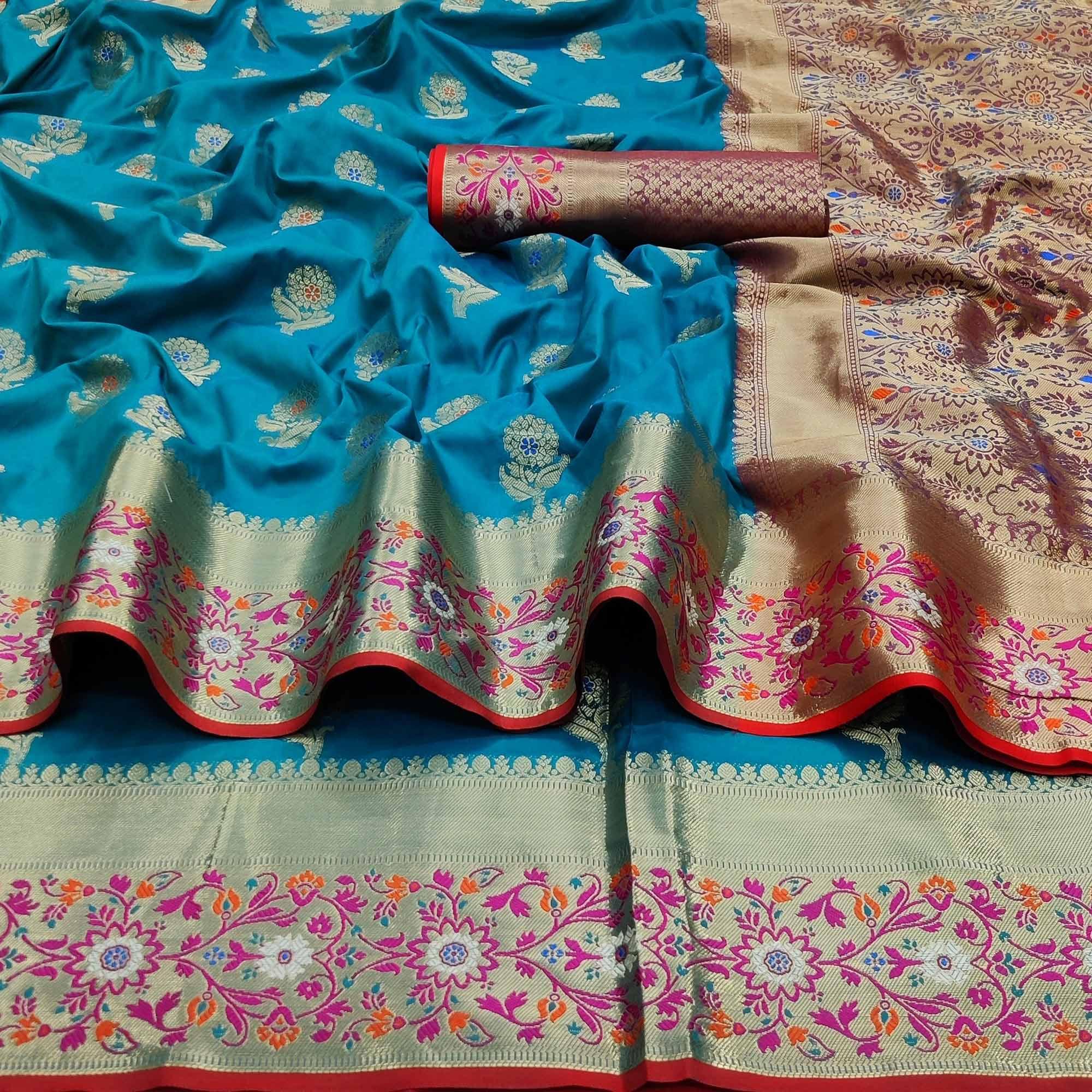 Peachmode Firozi Festive Wear Floral Woven Soft Silk Saree With Jacquard Border - view 2
