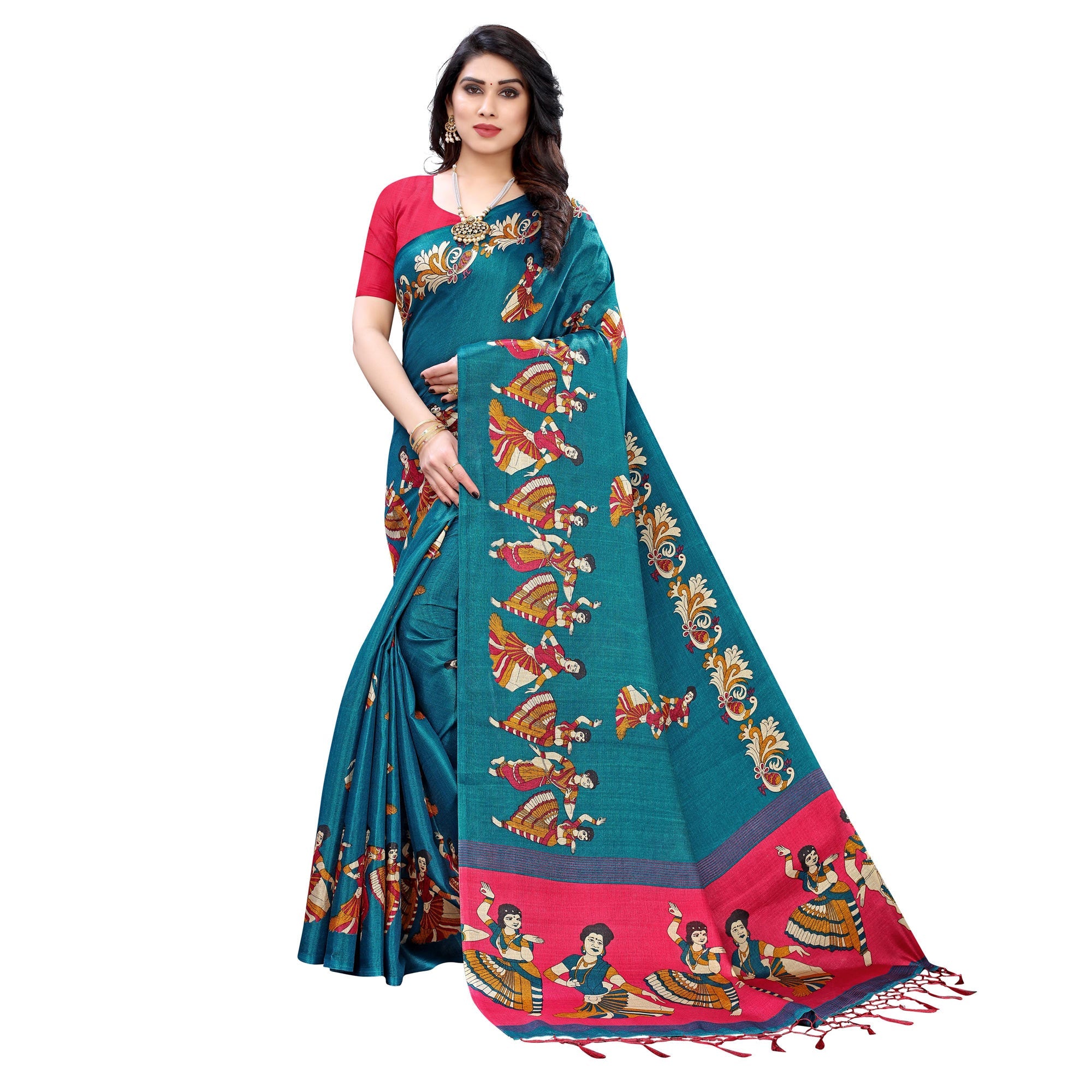 Peachmode Flirty Turquoise Colored Casual Wear Printed Cotton Silk Saree With Tassels