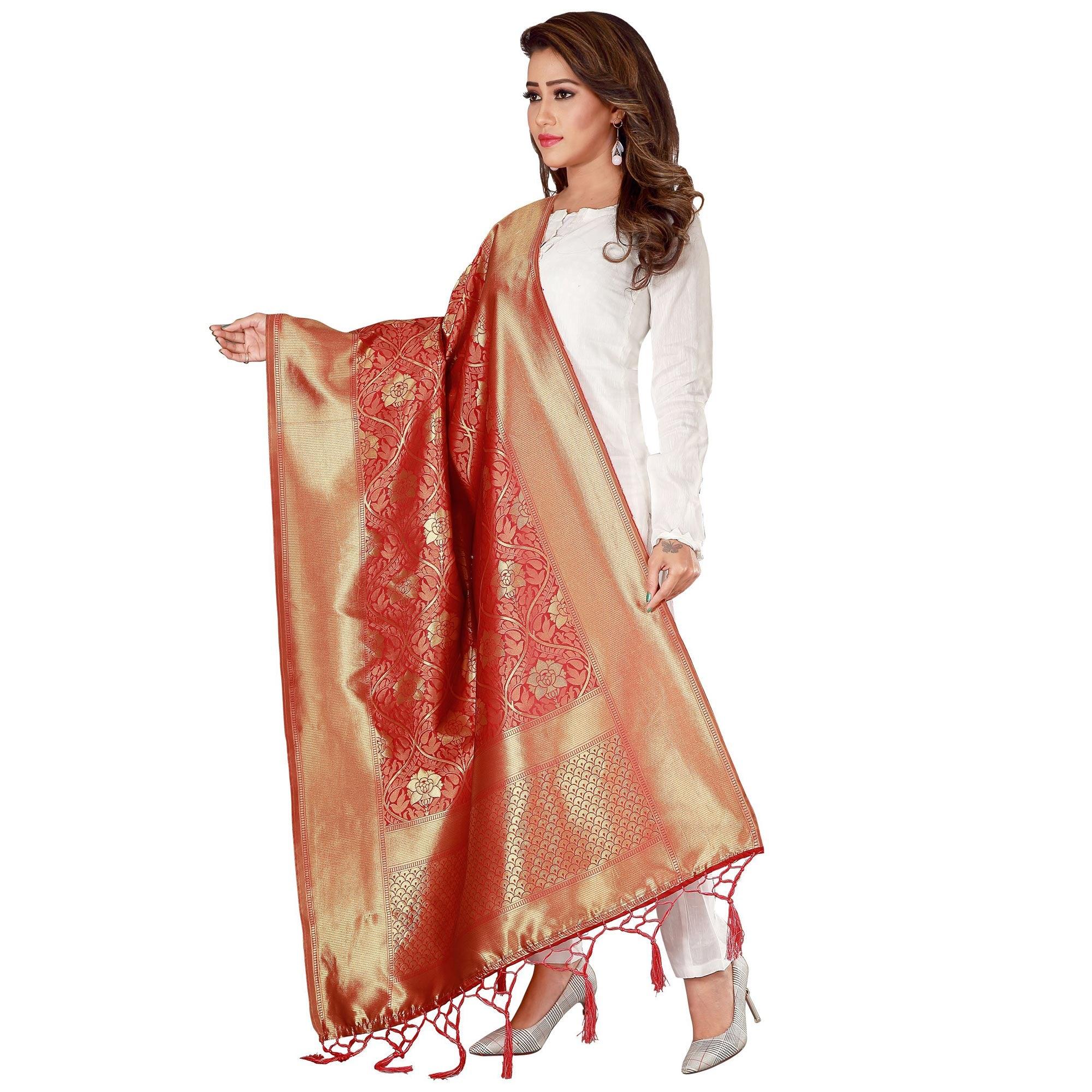 Peachmode Seller Jazzy Red Colored Festive Wear Banarasi Silk Dupatta - view 3