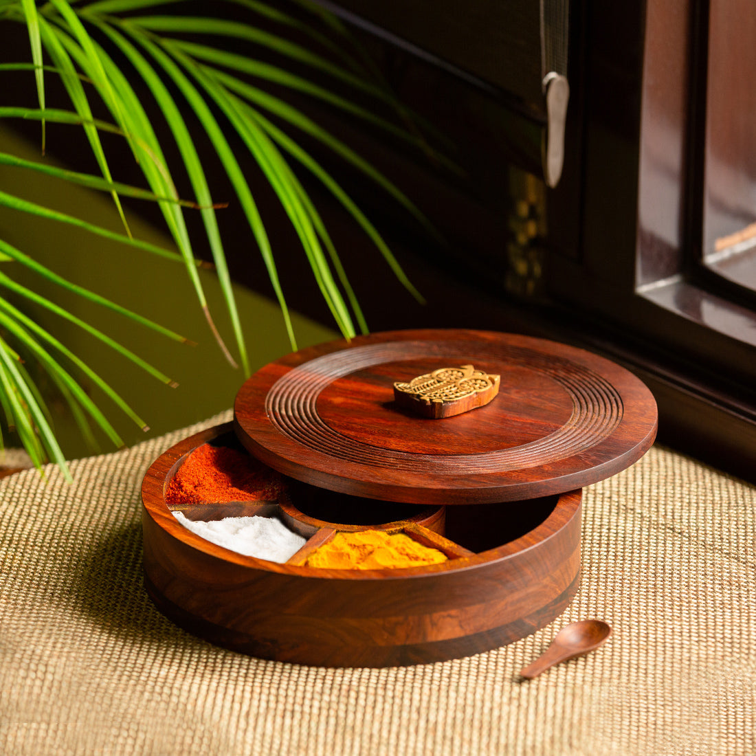 EXCLUSIVELANE 'Mystic Owl Block' Hand Carved Spice Box With Spoon In Sheesham Wood (7 Compartments, 80 ML) - view 2