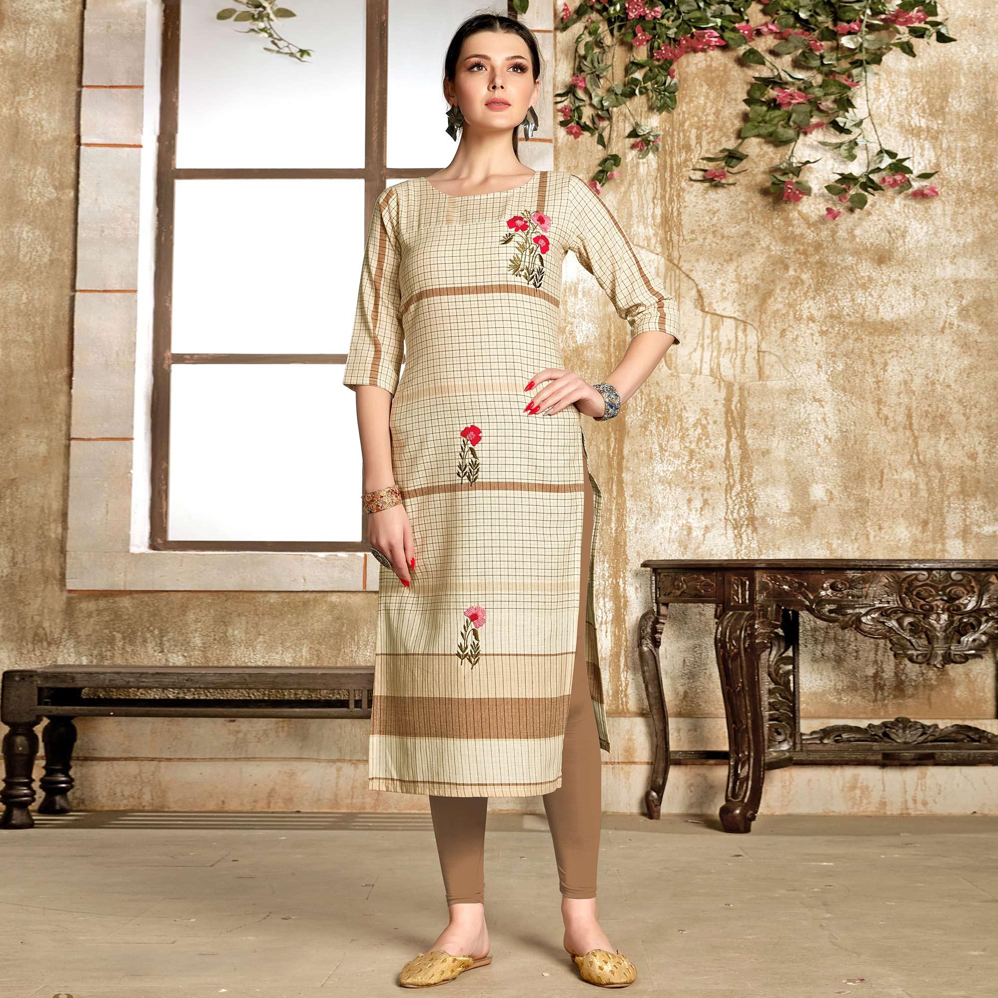 Peachmode Seller Mesmeric Cream - Chiku Colored Casual Wear Embroidered Pure Cotton Kurti