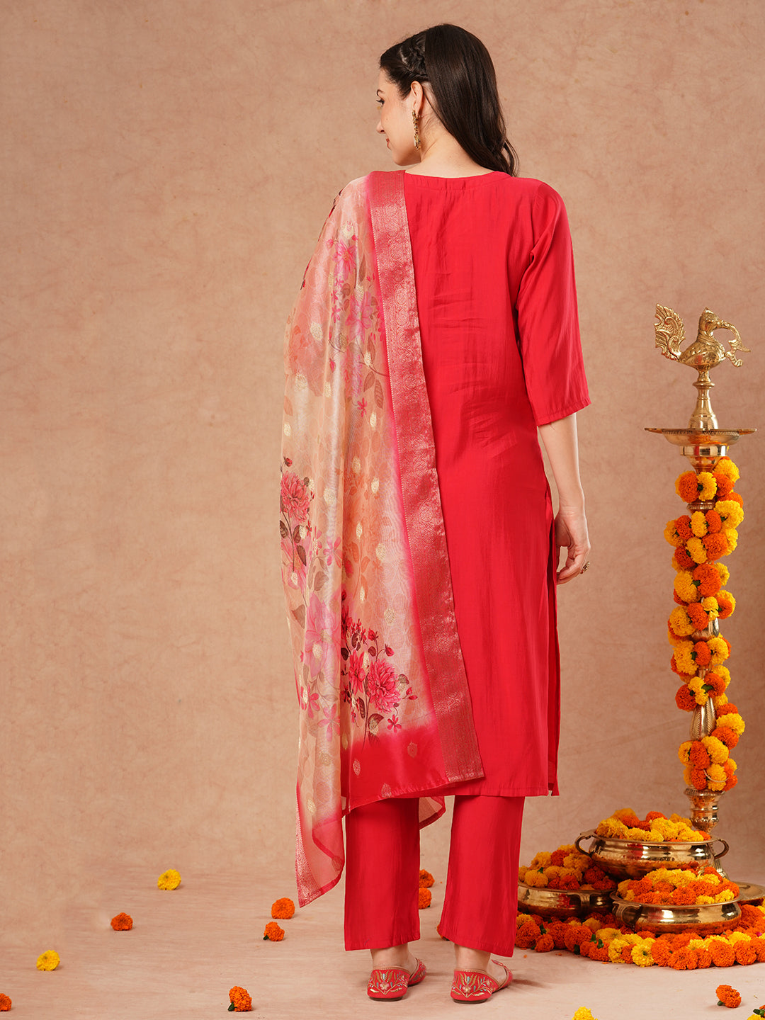 FASHOR Solid Hand Embroidered Straight Fit Kurta with Pant & Printed Dupatta - Pink - view 6