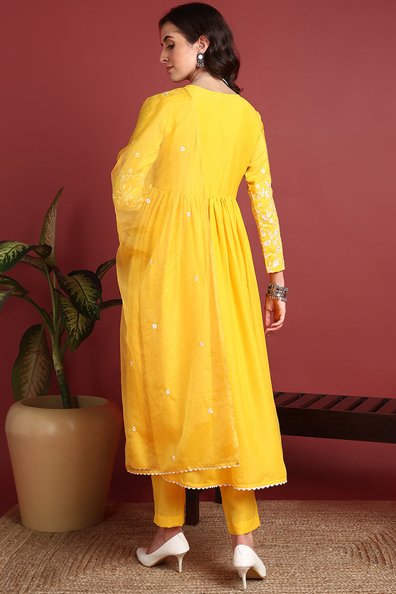 Ahika Yellow Cotton Blend Solid Embroidered A-Line Suit Set PKSKD2379 - view 2