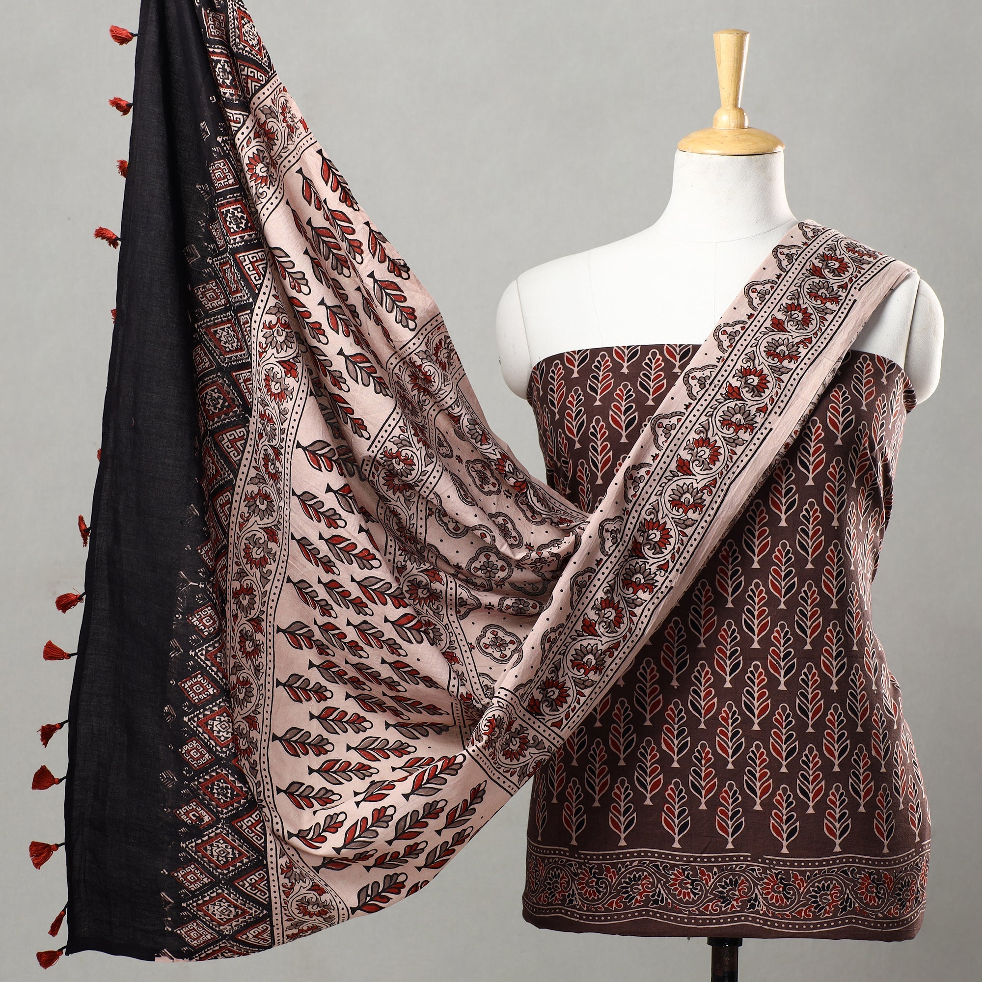 AJRAKH BY JABBAR KHATRI Brown - 3pc Ajrakh Block Printed Natural Dyed Cotton Suit Material Set 03