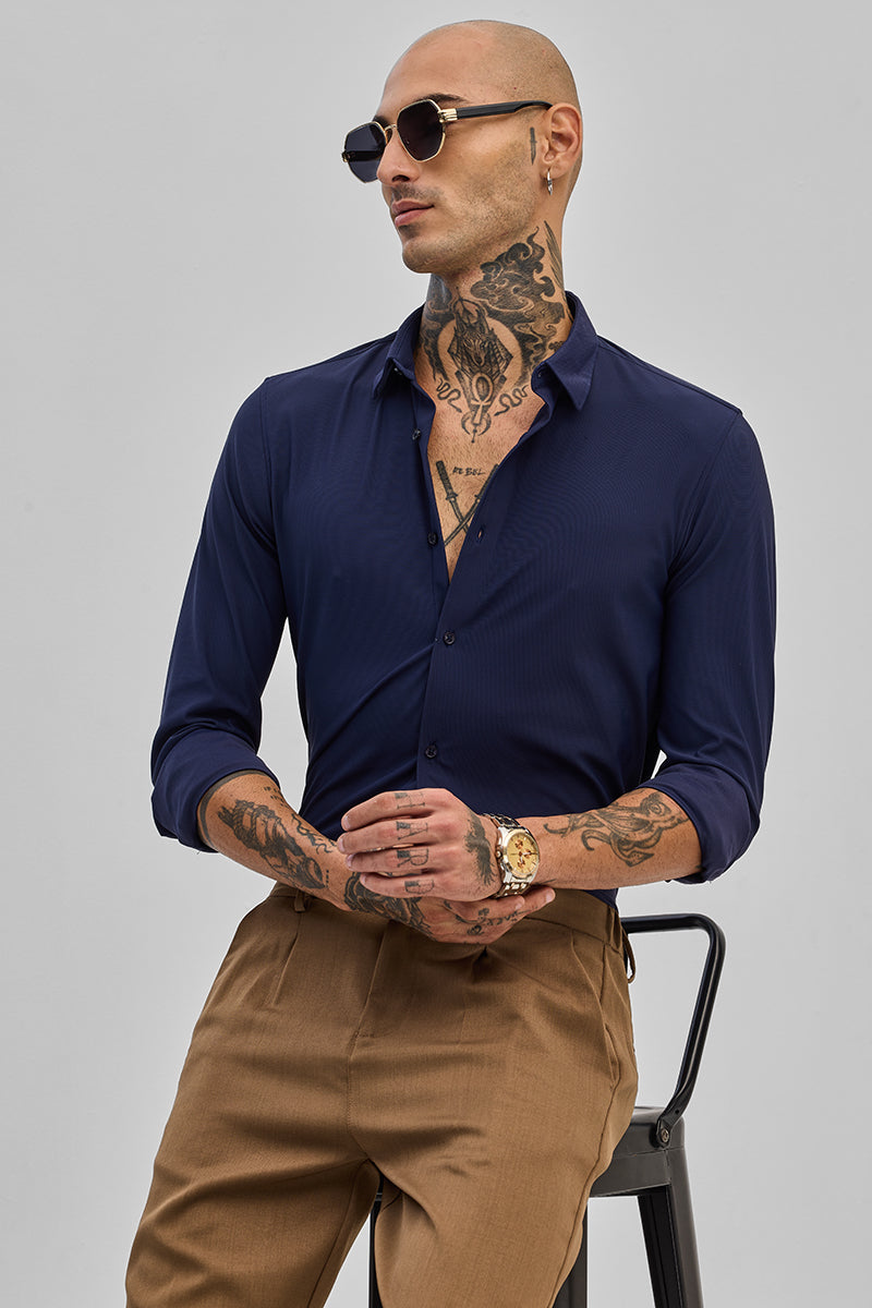 SNITCH Navy Stretchable Slim Fit Shirt
