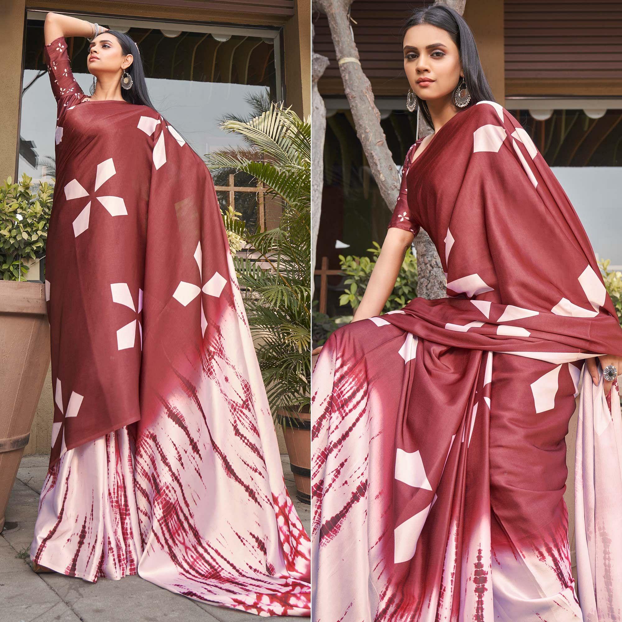 Peachmode Maroon Casual Wear Printed Satin Silk Saree